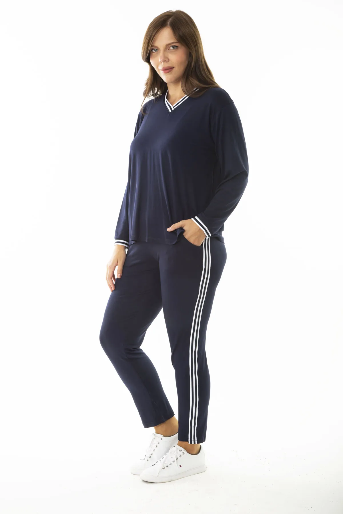 Şans  Damen-Trainingsanzug, große Größe, marineblau, gerippt, langärmelig, Bluse, Hose, 65N36972