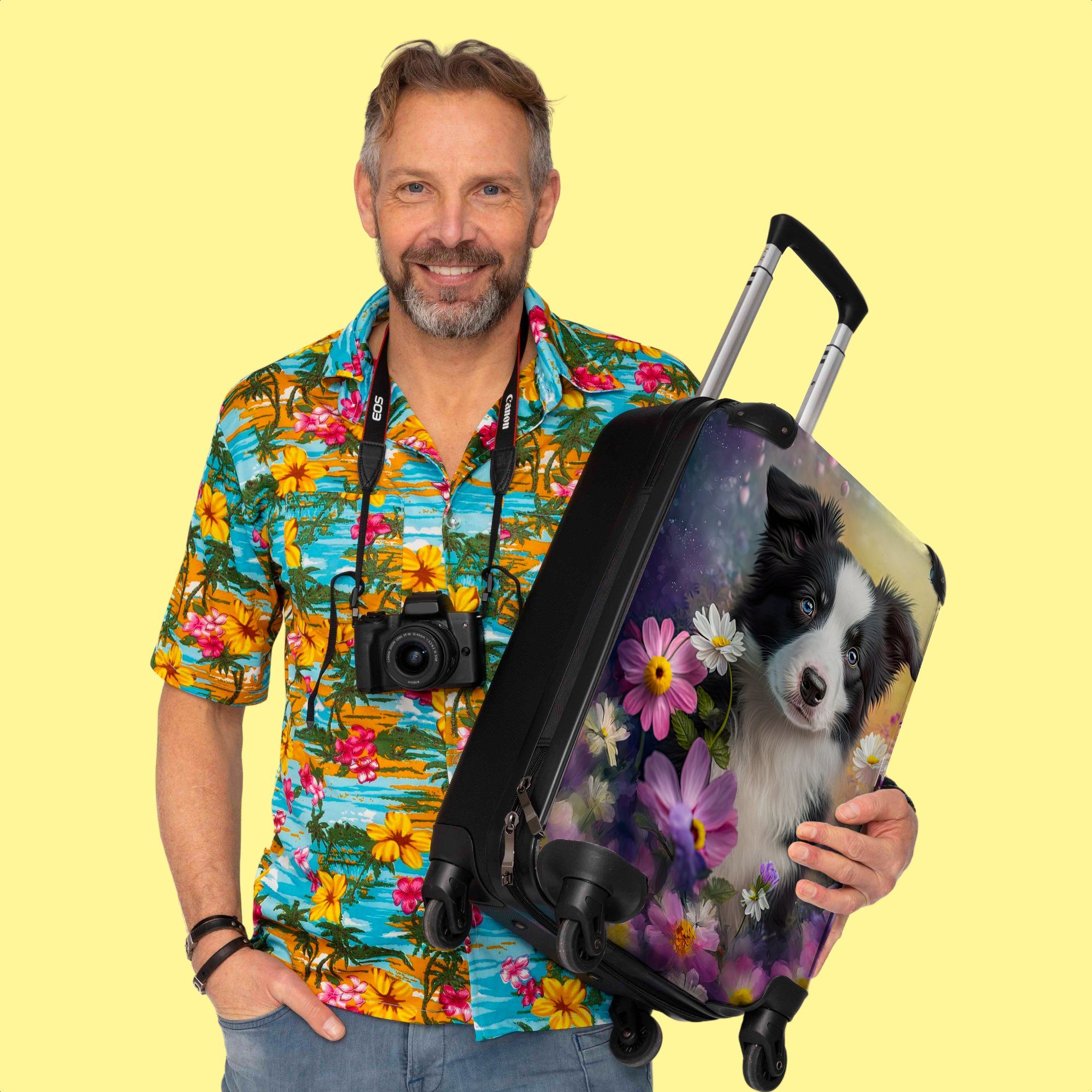 NoBoringSuitcases.com© Handgepäckkoffer 55x35x20cm Hund - Blumen - Natur - Welpe - Border Collie, 4 Rollen, Handgepäck Trolley Rollkoffer Kleine Reisekoffer mit 4 Rollen - Cabin
