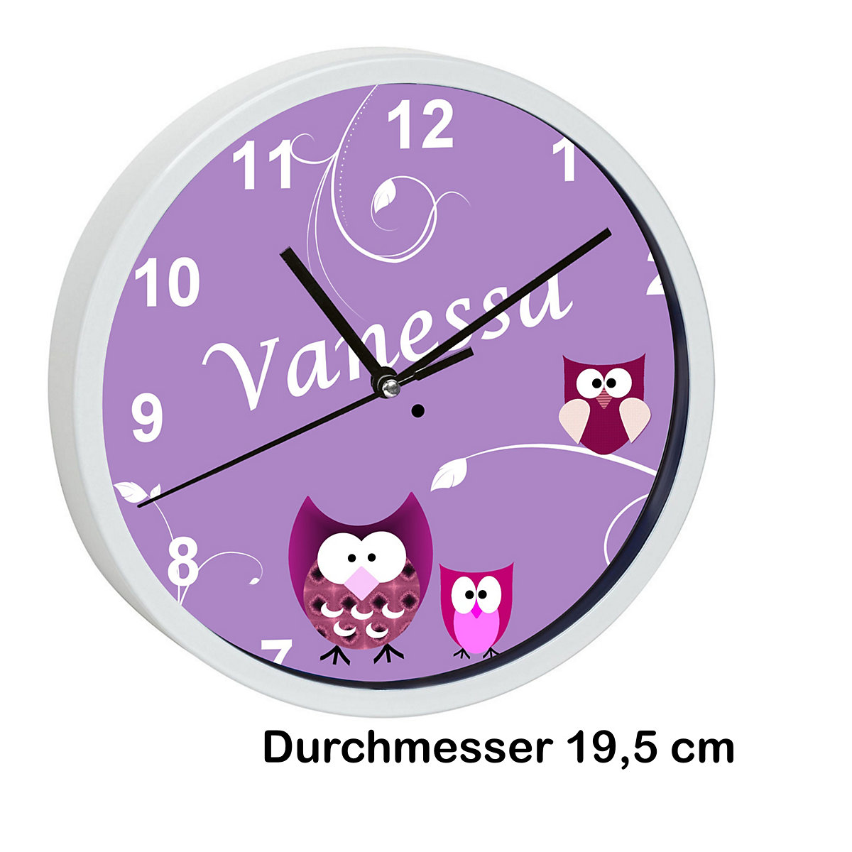 Kinder Wanduhr personalisiert mit Name Eule Lila