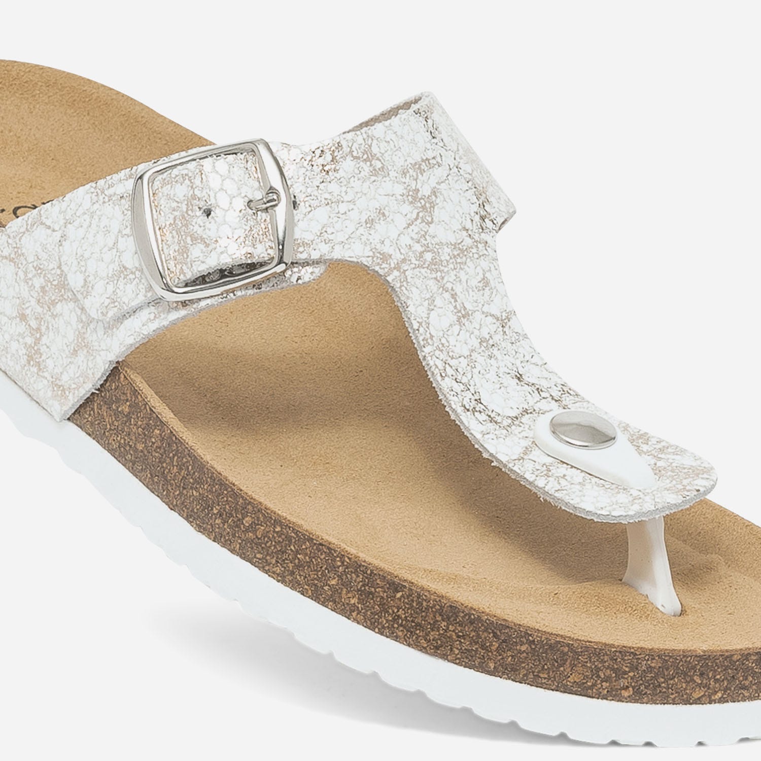 Mule-tong anatomique blanche en cuir avec détails dorés