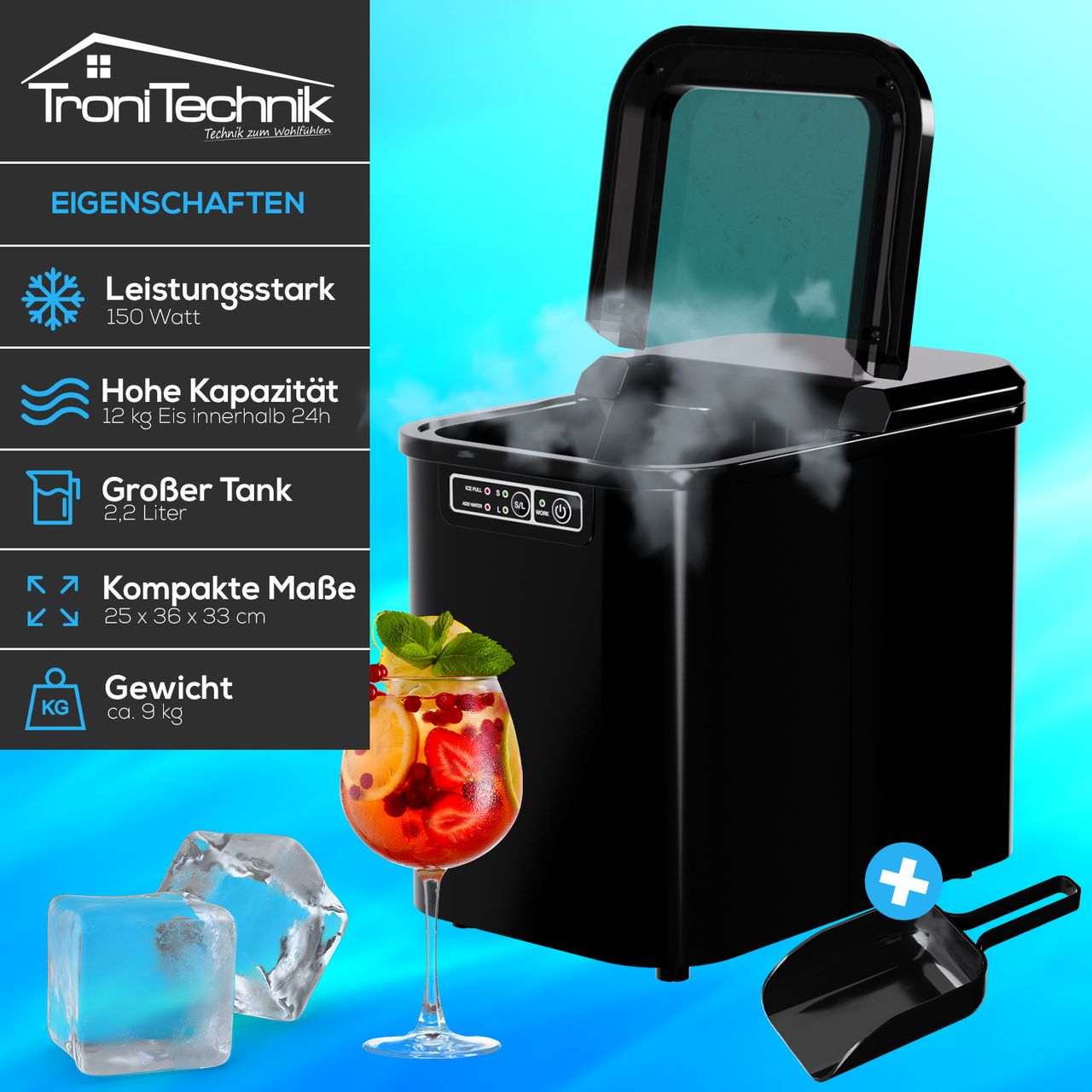 TroniTechnik Eiswürfelmaschine ,Ice Maker,12kg/24h, 2,2 Liter,2 Größen, Selbstreinigung,schwarz