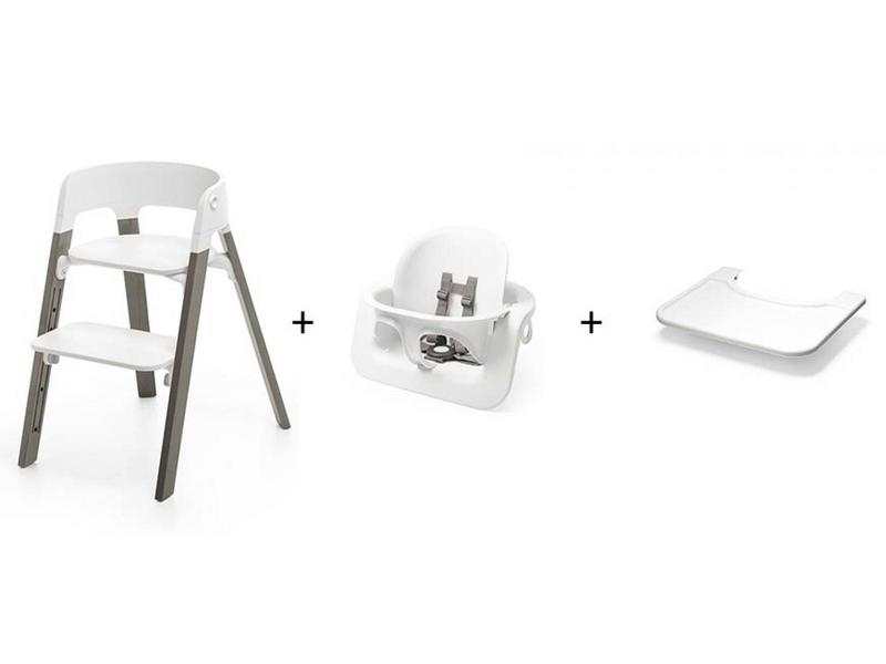Chaise STEPS hêtre Gris brume avec baby set et tablette
