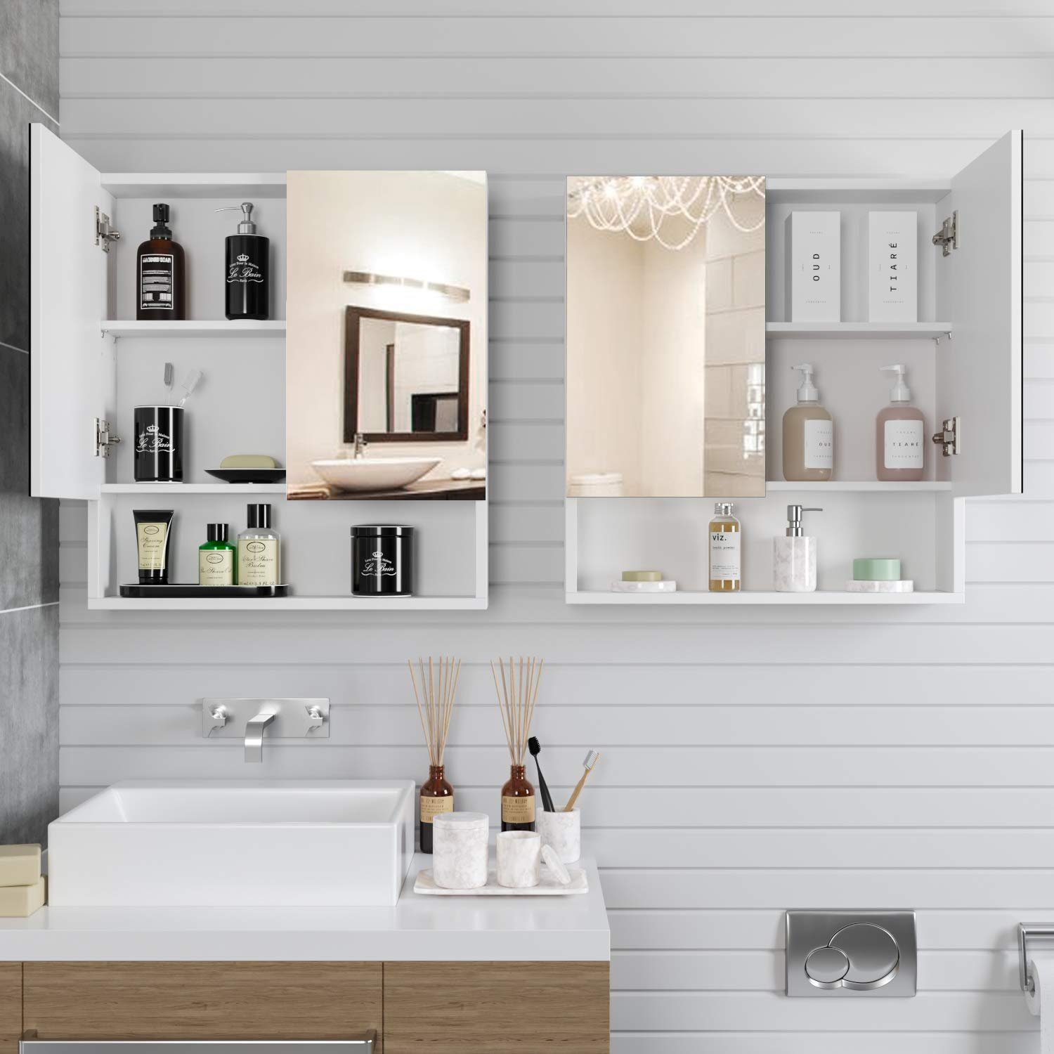 Homfa Spiegelschrank Hängeschrank, Badezimmerschrank, mit Türen und Ablage, 53x58x13cm, weiß