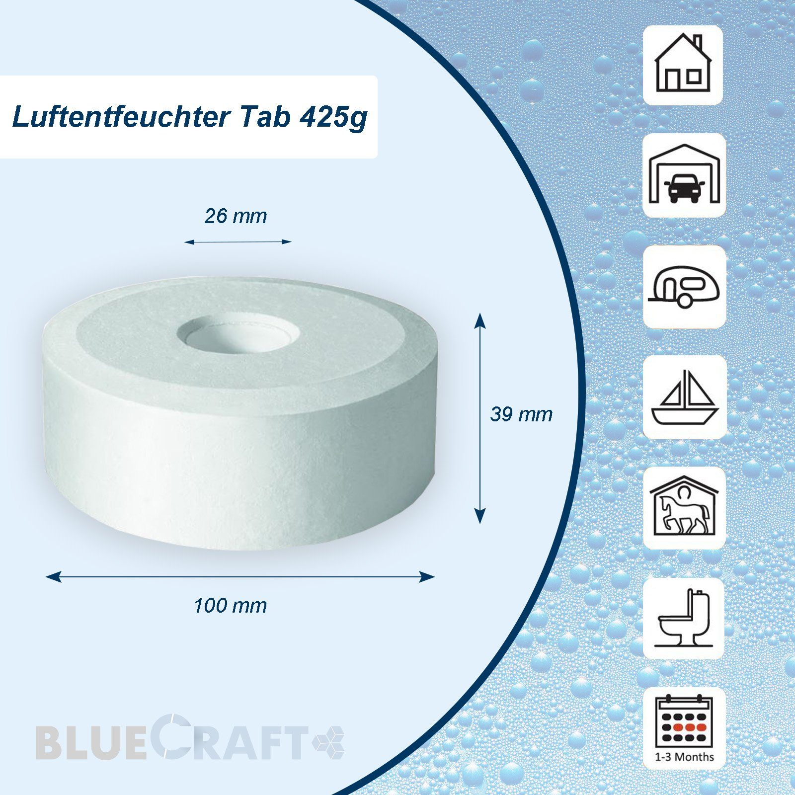 BlueCraft Luftentfeuchter-Nachfüllpack Nachfüller Schlafzimmer Wohnung gegen Schimmel, Entfeuchter Granulat Tabs mit Loch 8x 425g für Raumentfeuchter