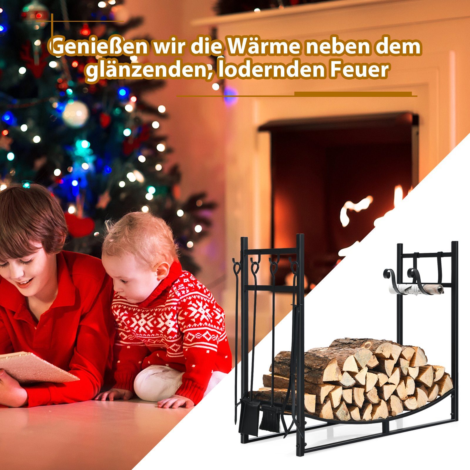 COSTWAY Kaminholzregal, BxTxH:33x90x76 cm, mit 4 tlg. Kaminbesteck Set