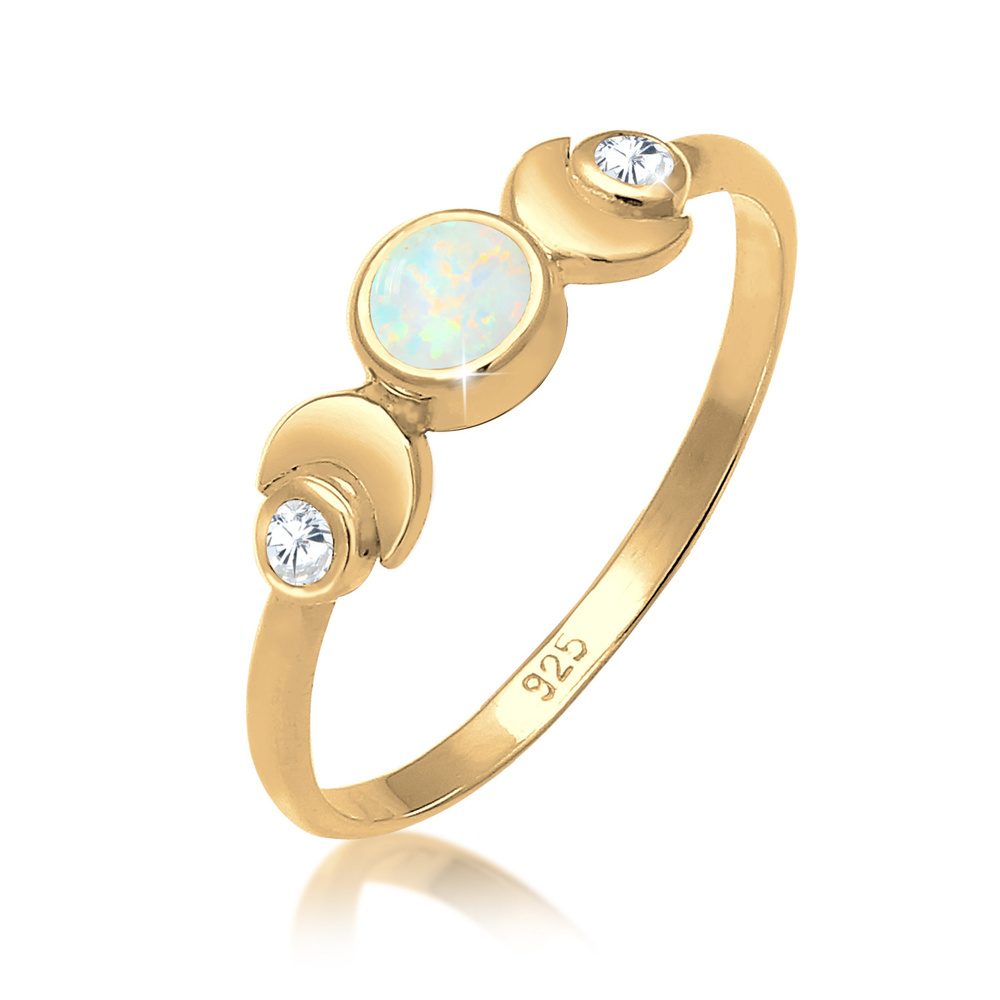 Elli Elli Bague Demi Lune Astro Bague Femme - (925/1000) Argent Cristal Zircone Opale Bague