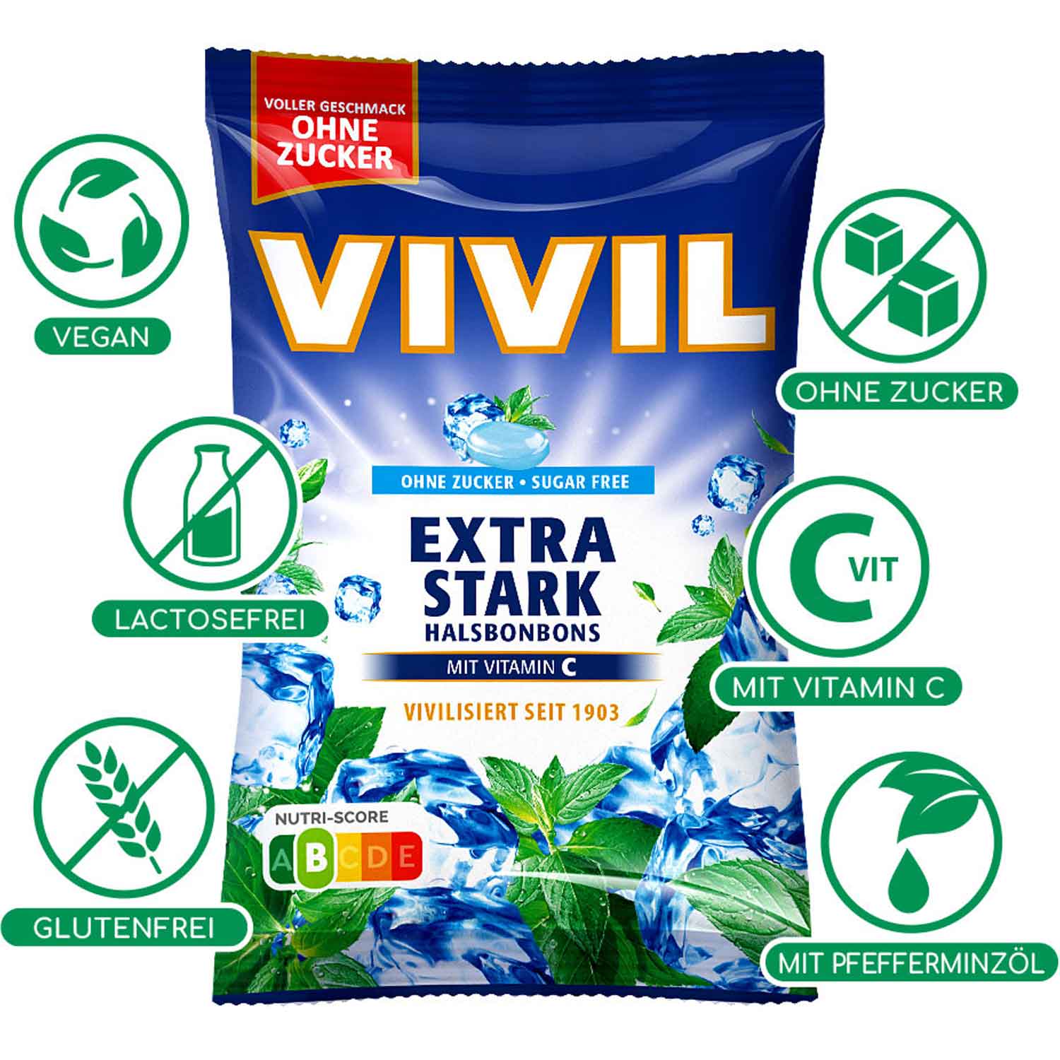 Vivil Halsbonbons Extra Stark ohne Zucker 120g