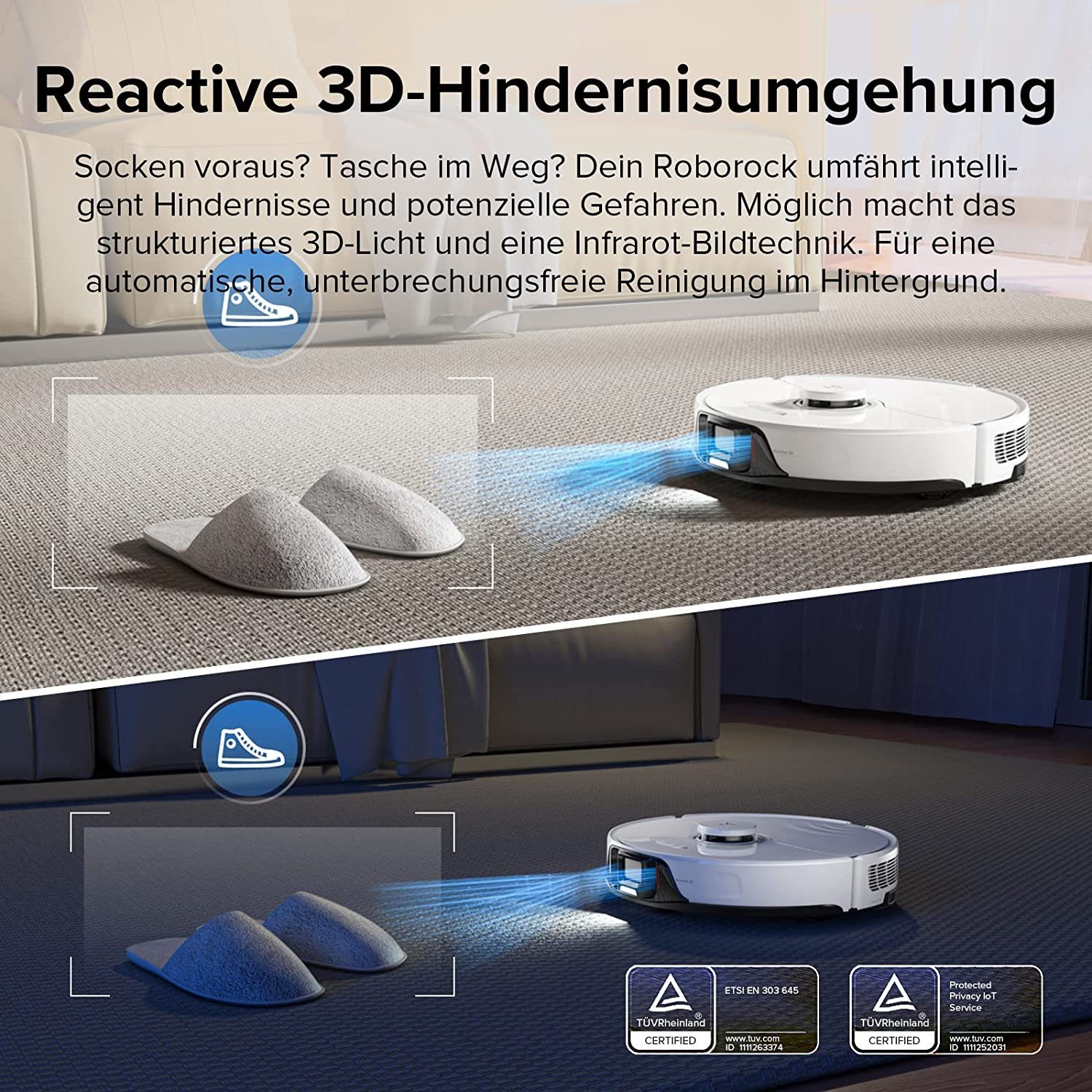 Roborock Saugroboter S8, 69,00 W, 6000Pa, DuoRoller-Bürste, Reactive 3D-Hindernisumgehung, Auto-Mop Lift, Teppich-Detektion, Kindersicherung, APP Control