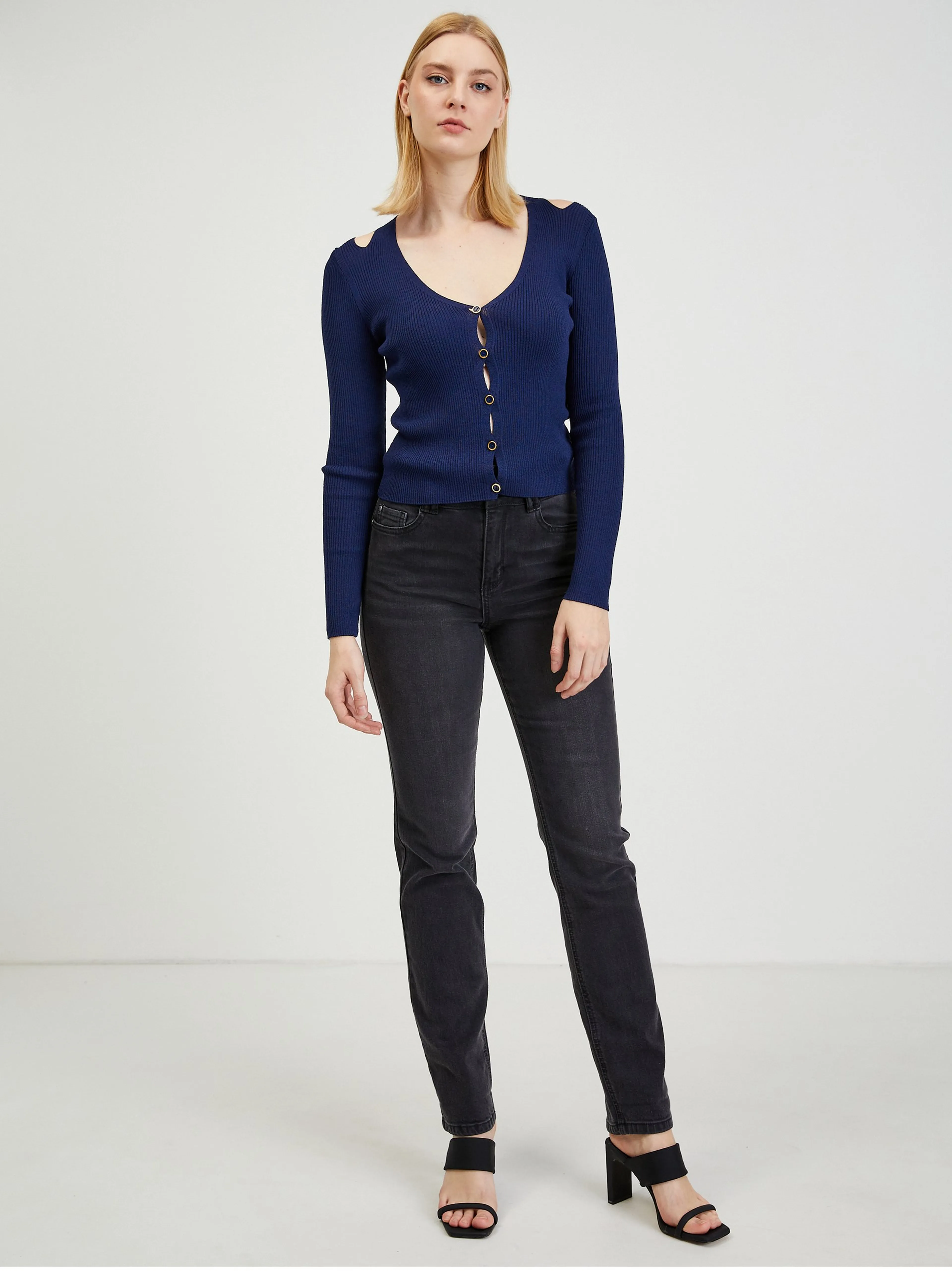 Dunkelblaue Damenstrickjacke mit Ausschnitten ORSAY