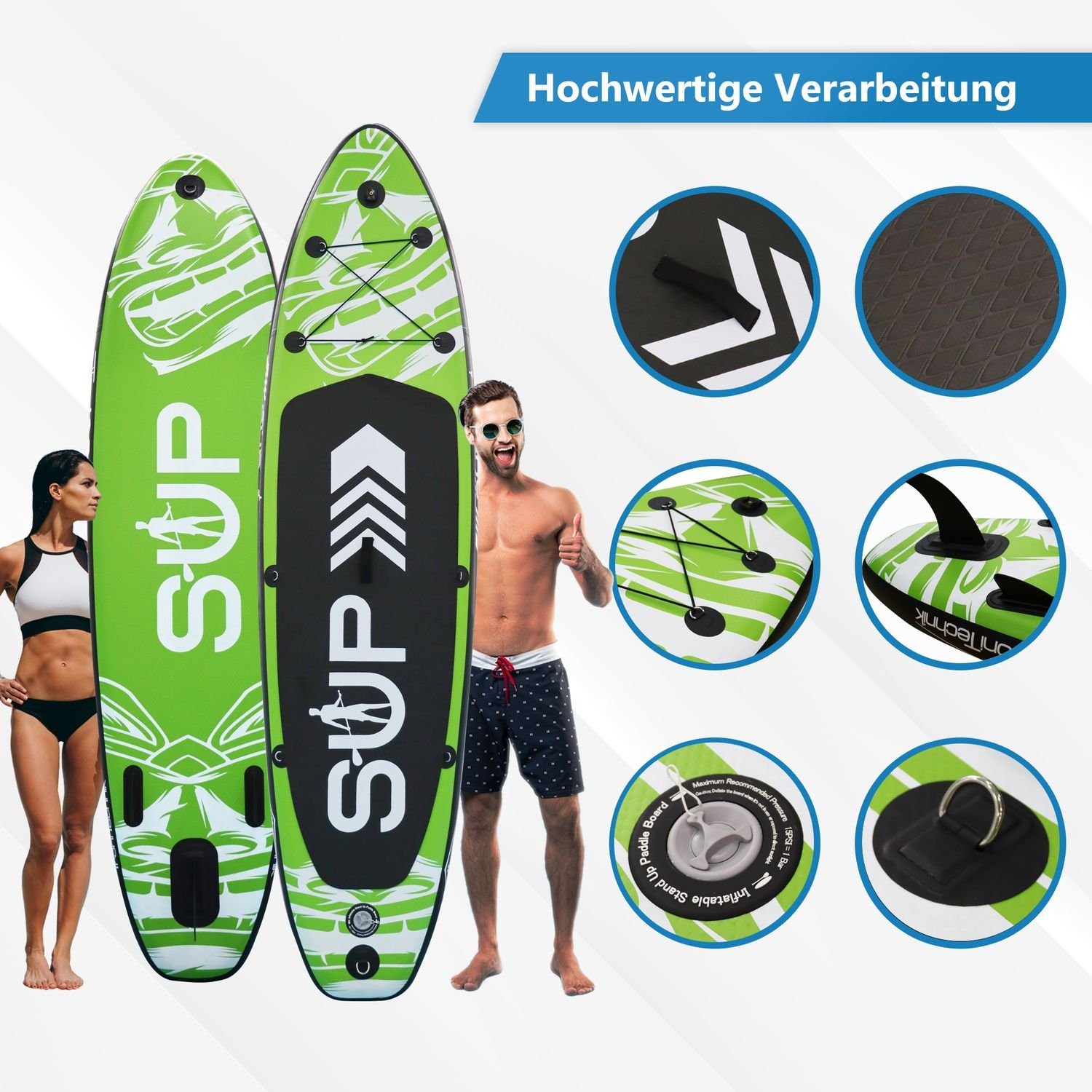 24Move SUP-Board Supboard Set, Premium Stand Up Paddleboard aufblasbar, inkl. Zubehör, Longboard, (Rucksack, Paddel, Action Cam ready, Doppelhub Pumpe, Sicherungsleine, 6 tlg., für Kinder & Erwachsene, GRÜN, 305x76, bis 150 kg), mit Drop Stich Techno