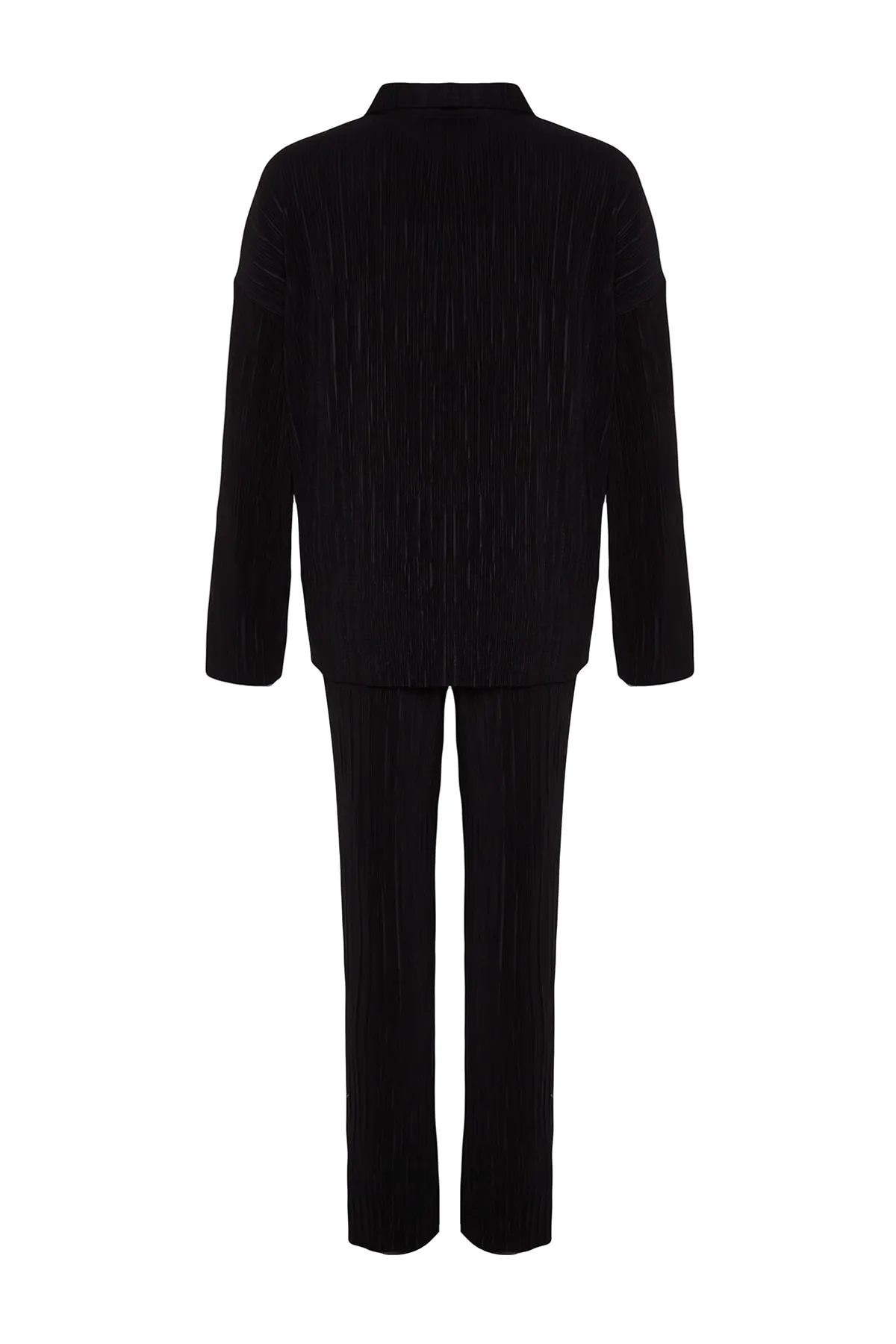 Trendyol Collection  Schwarzes, plissiertes, normal geknöpftes Strickoberteil und -unterteil-Set TWOAW24AU00073