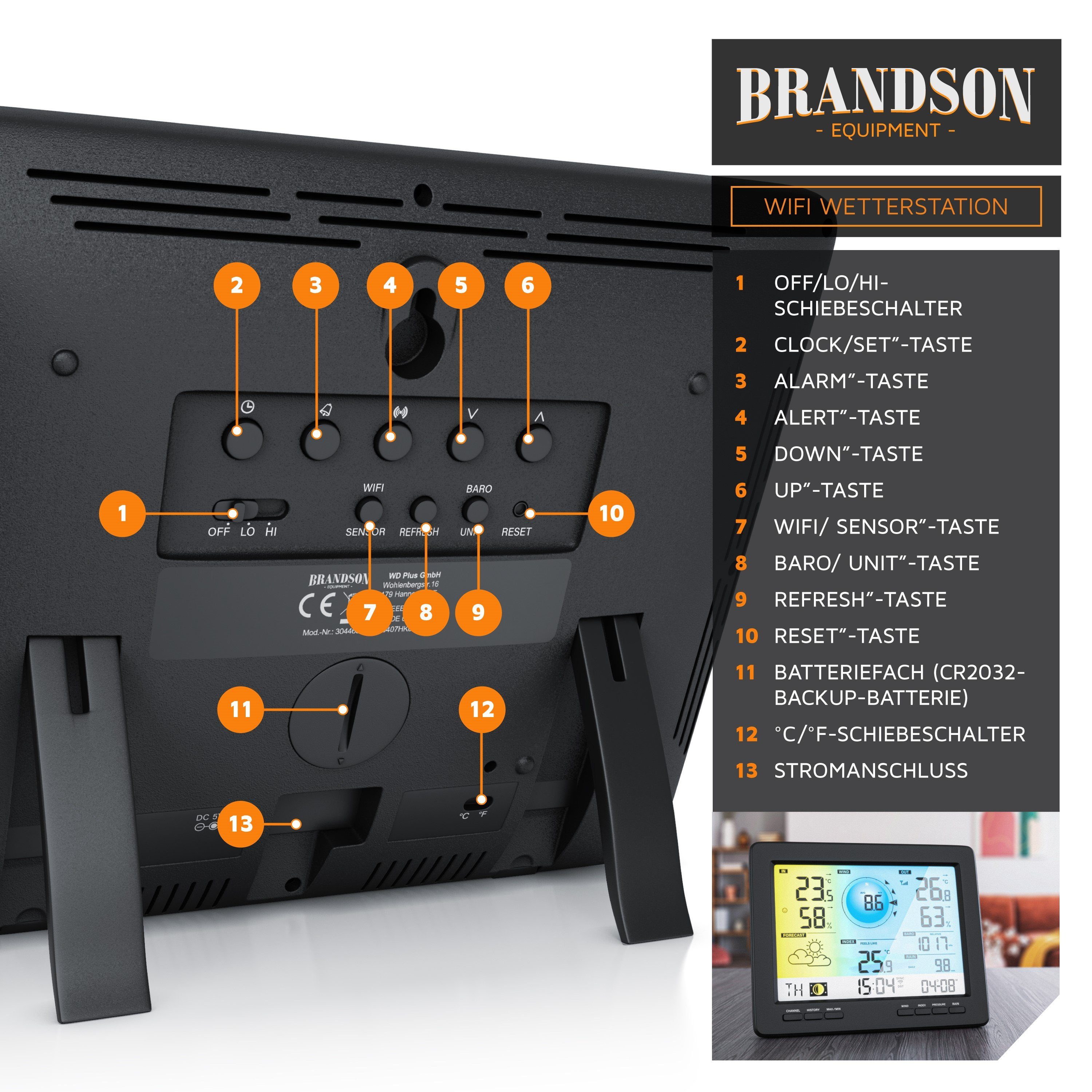 Brandson Wetterstation (mit Außensensor, Profi Funkwetterstation mit Außen Messstation, Wetterdaten per App)
