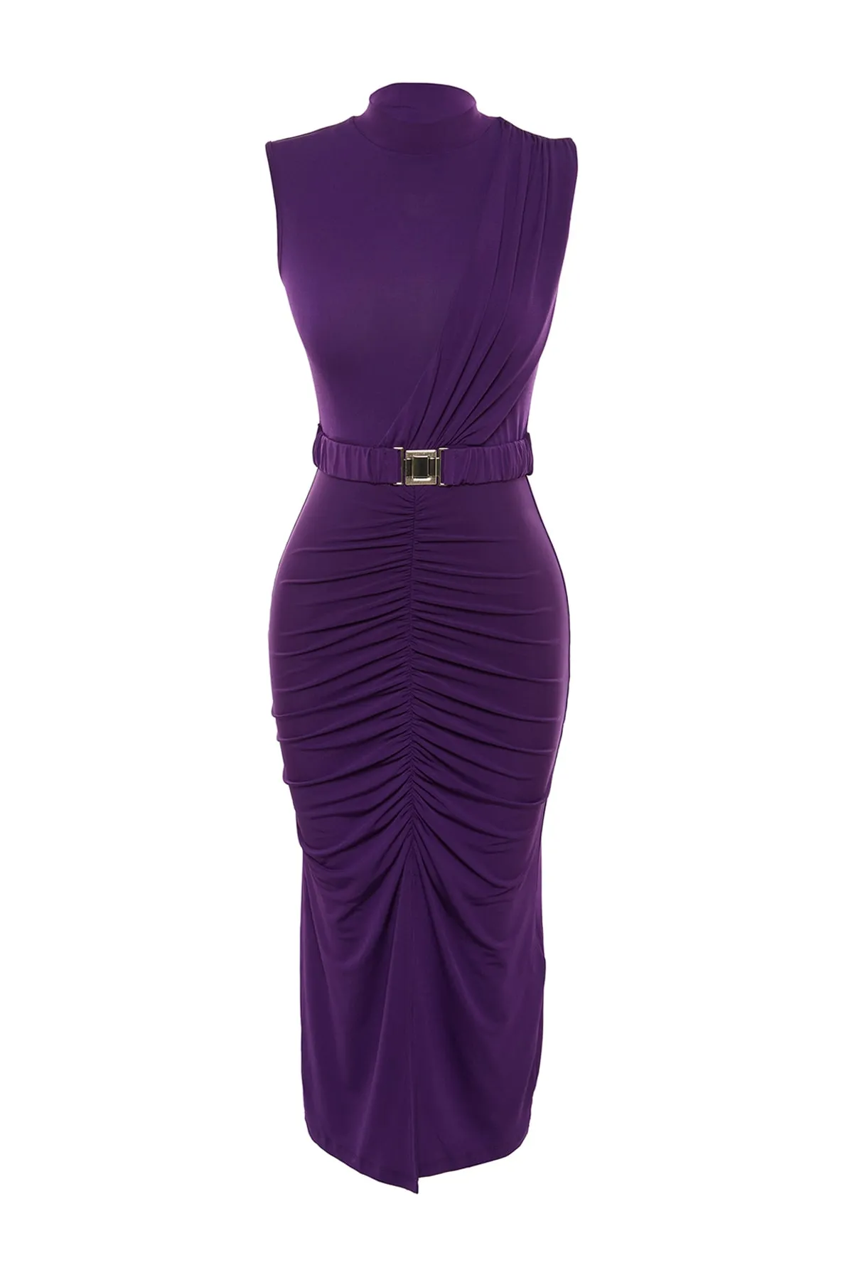 Trendyol Collection  Lila, tailliertes/körperbetontes ärmelloses, drapiertes, detailliertes Midi-Bleistiftkleid aus flexiblem Strick mit Gürtel TWOSS22EL0756
