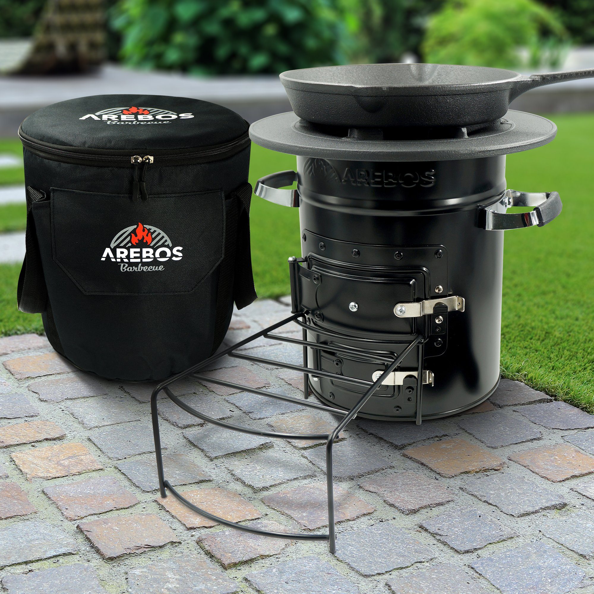 Arebos Feuerstelle Raketenofen inkl. Grillpfanne Dutch Oven BBQ, (Stück, Set)