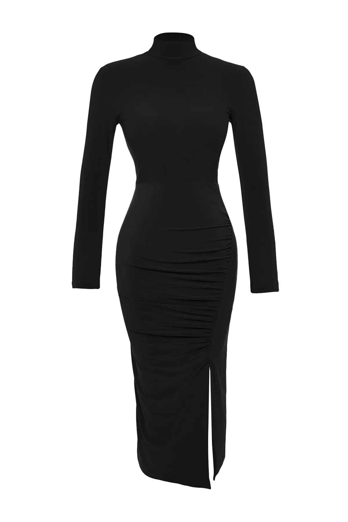 Trendyol Collection  Schwarzes, drapiertes, detailliertes Schlitzkleid mit hohem Kragen, figurbetontes, flexibles Midi-Strickkleid TWOAW24EL00134