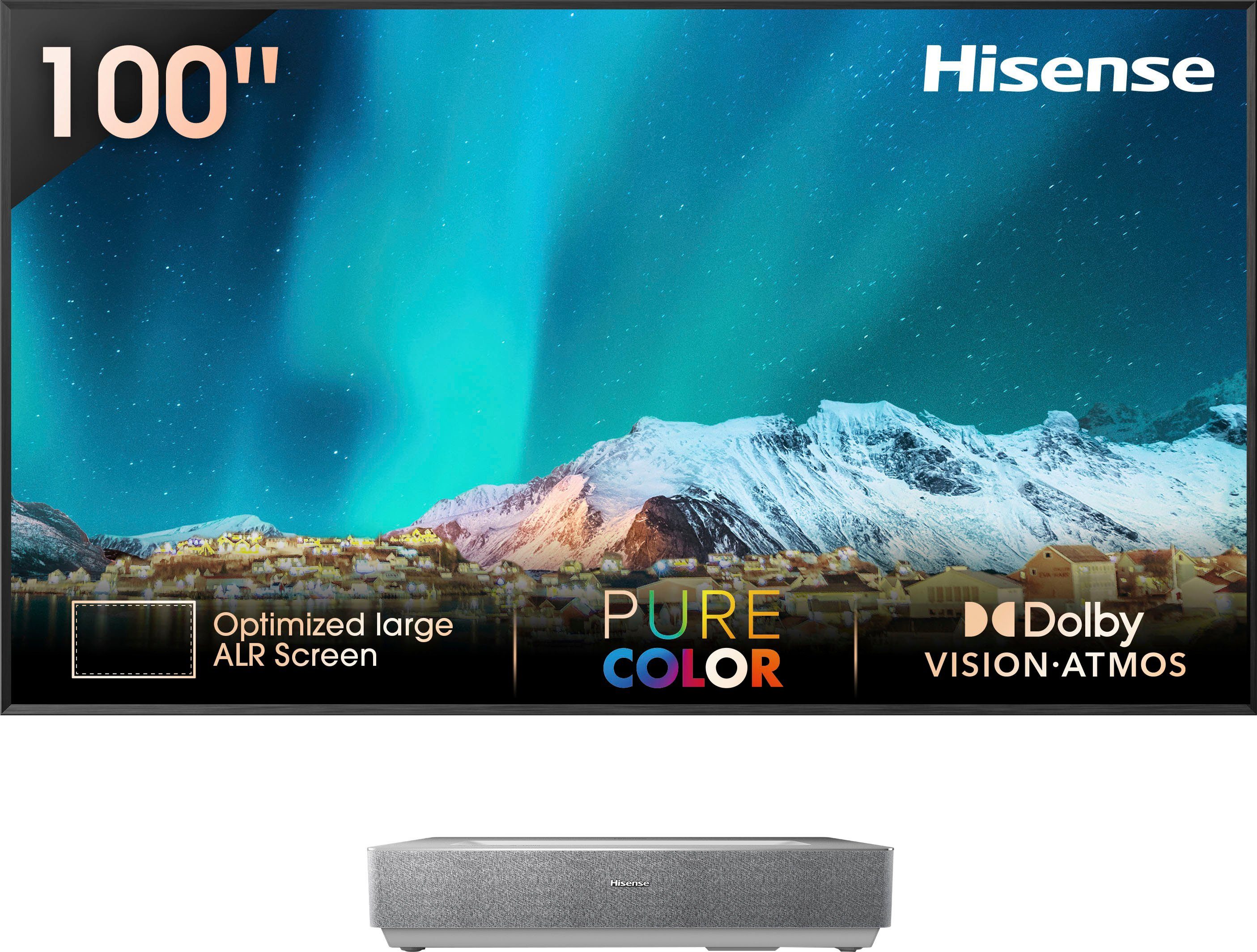 Hisense Hisense 100L5HD Daylight Screen (100 Zoll) Laser TV Projektor DLP-Beamer (2600 lm, 3840 x 2160 px, 4K, HDR, Game Mode, Dolby Atmos)