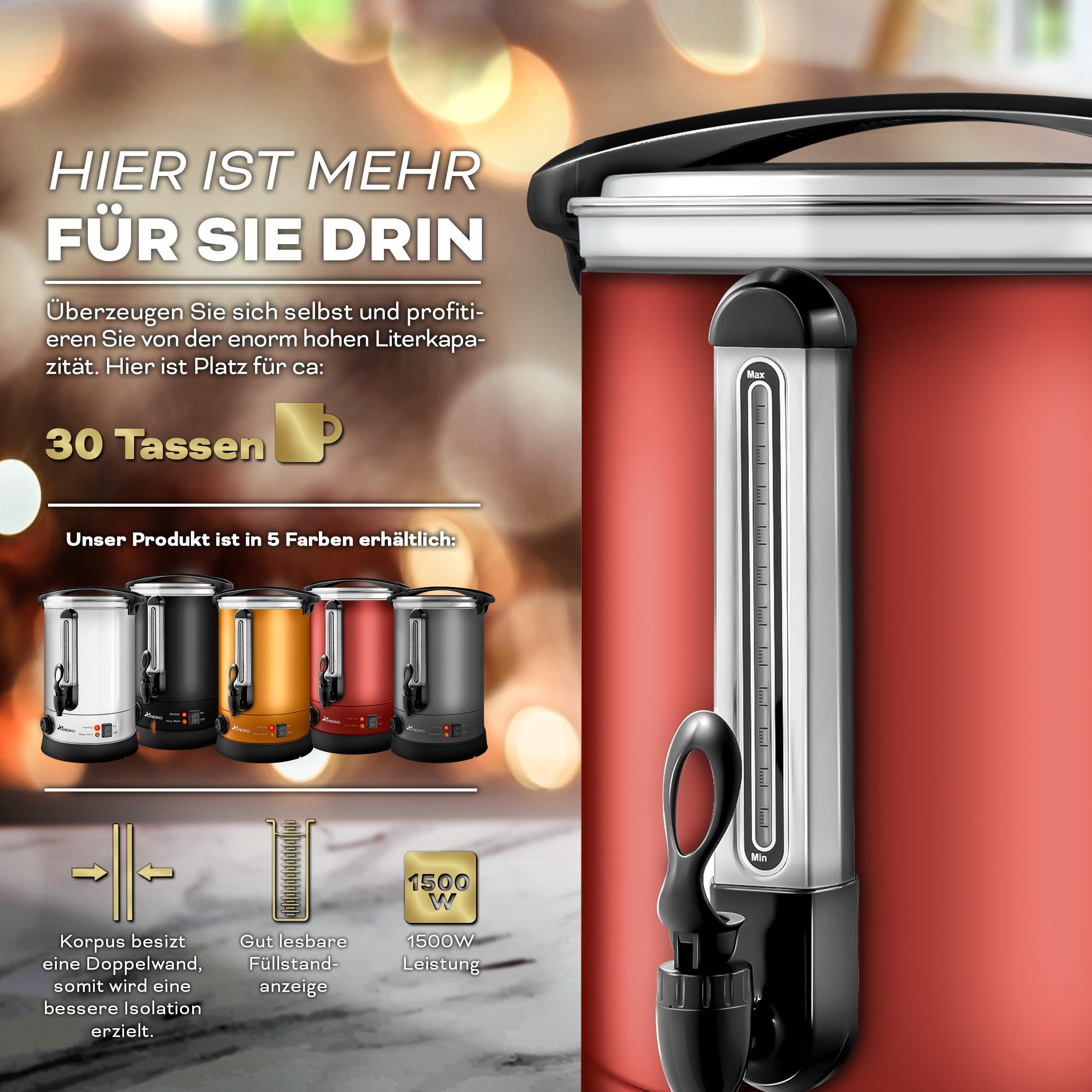 TRESKO Heißgetränke- und Glühweinautomat Glühweinkocher Einkochautomat aus Edelstahl Glühweinkessel