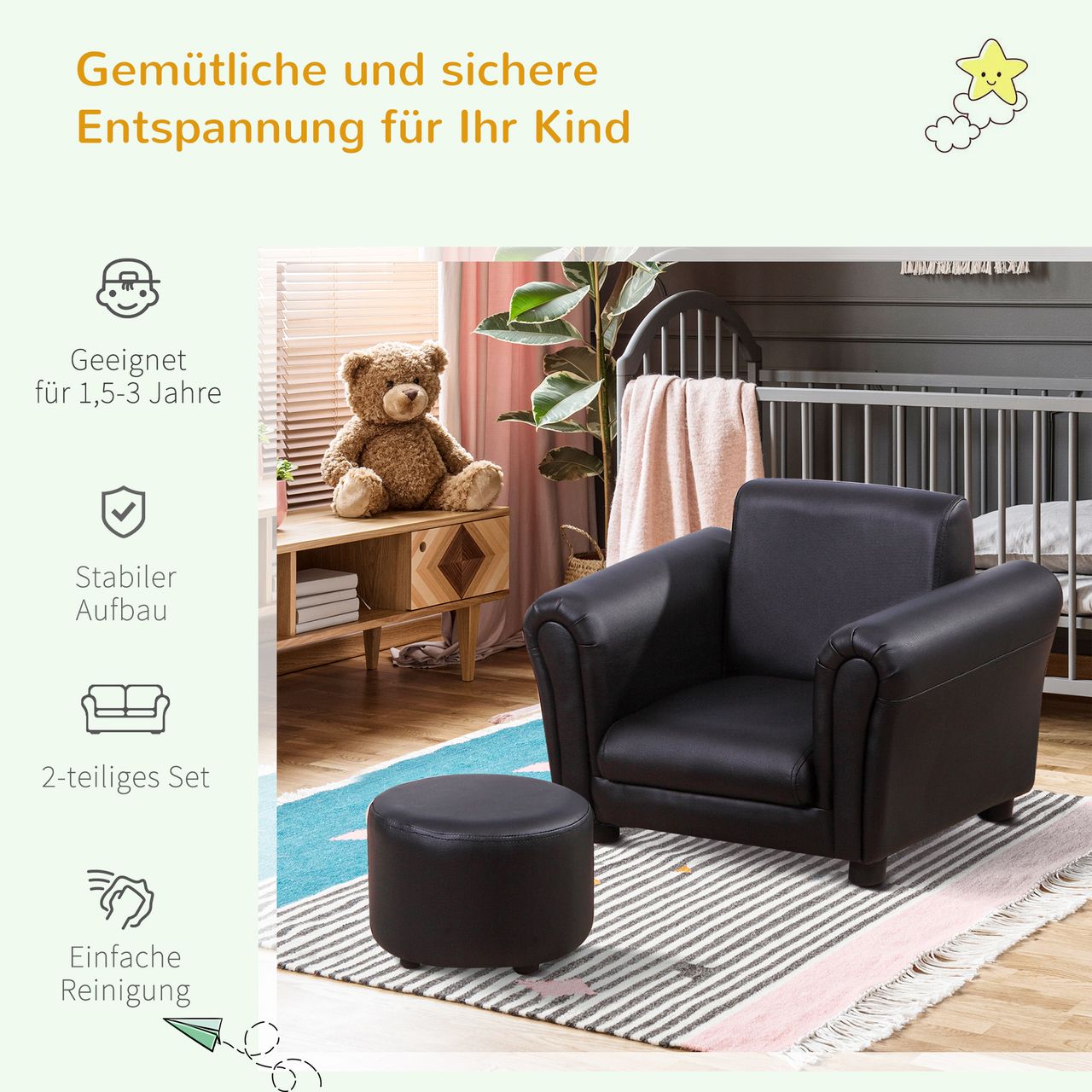 HOMCOM Kindersessel mit Fußhocker Kindercouch Kindersofa Minisofa Schwarz