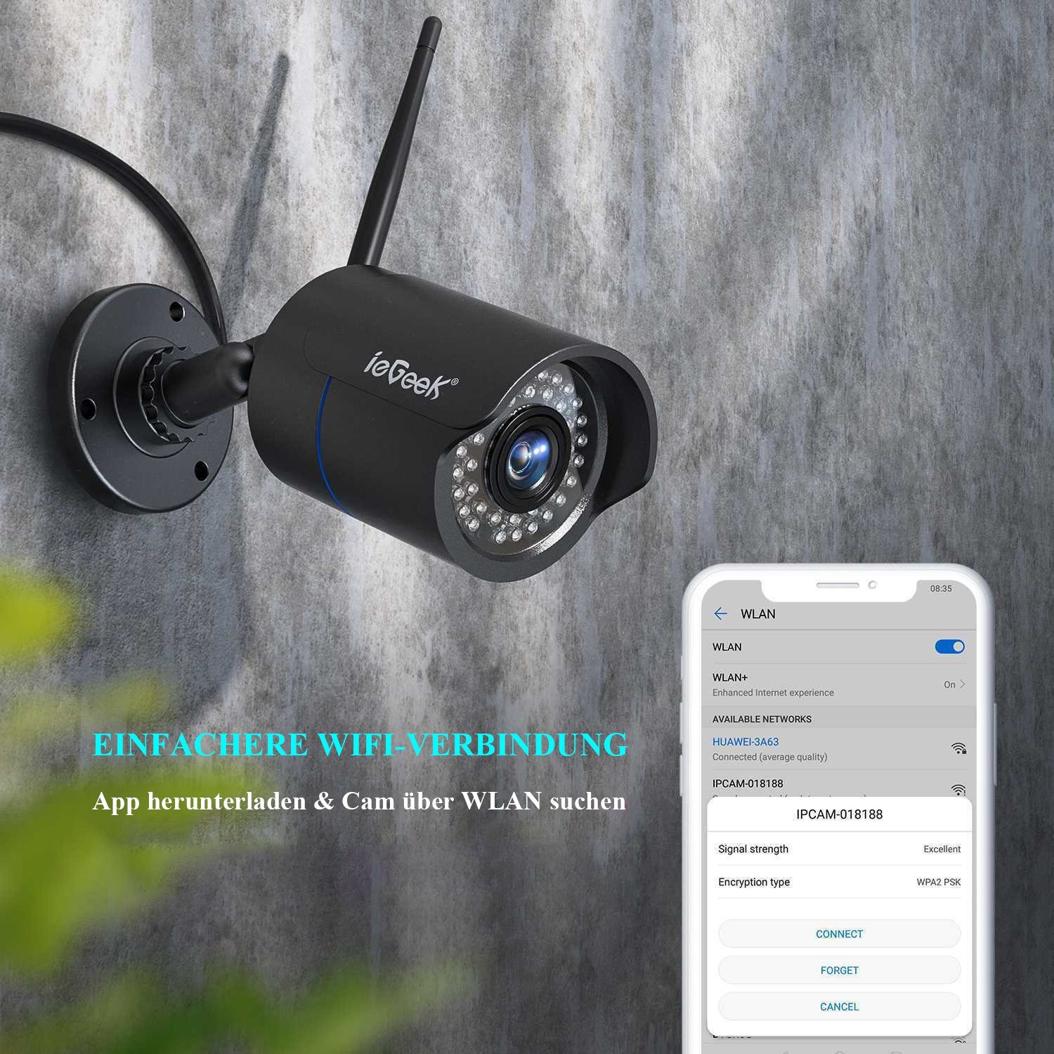 ieGeek 1080P FHD Überwachungskamera Aussen WLAN IP Kamera 25M Nachtsicht IP66 Überwachungskamera (AuBenbereich, Outdoor, 2,4 GHz Wifi,SD Storage, 7/24 Schleifenaufzeichnung,Wired CCTV, Bewegungserkennung, Plug & Play, Support PC/App, Sirene und APP-A
