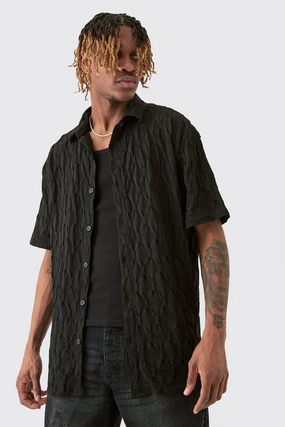 Tall kurzärmliges Oversize Jacquard Hemd in Schwarz