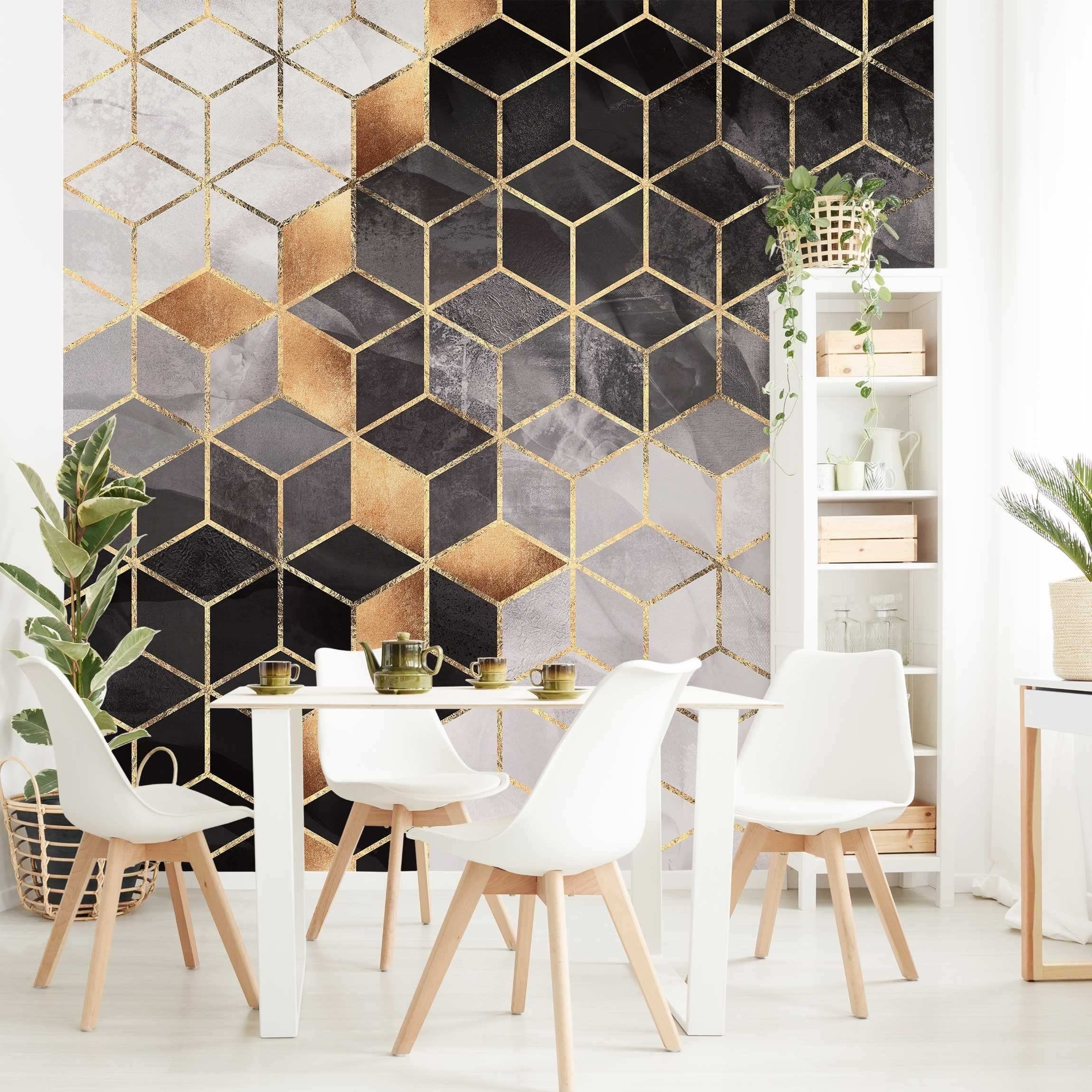 Bilderdepot24 Vliestapete Abstrakt Schwarz Weiß goldene Geometrie Tapete Wanddeko Modern Kunst, Glatt, Matt, (Inklusive Gratis-Kleister oder selbstklebend), Wohnzimmer Schlafzimmer Küche Flur Fototapete Motivtapete Wandtapete