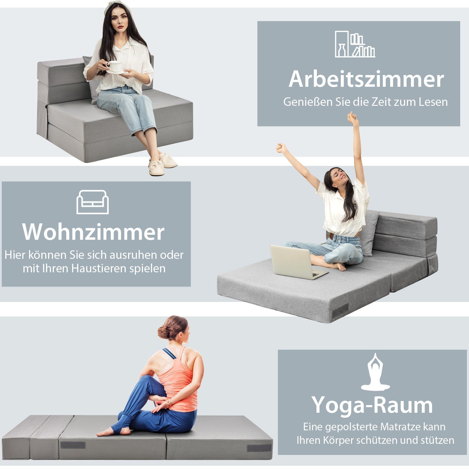 Klappmatratze, COSTWAY, 62 cm hoch, mit Kissen & waschbarem Bezug, 190x100x15 cm
