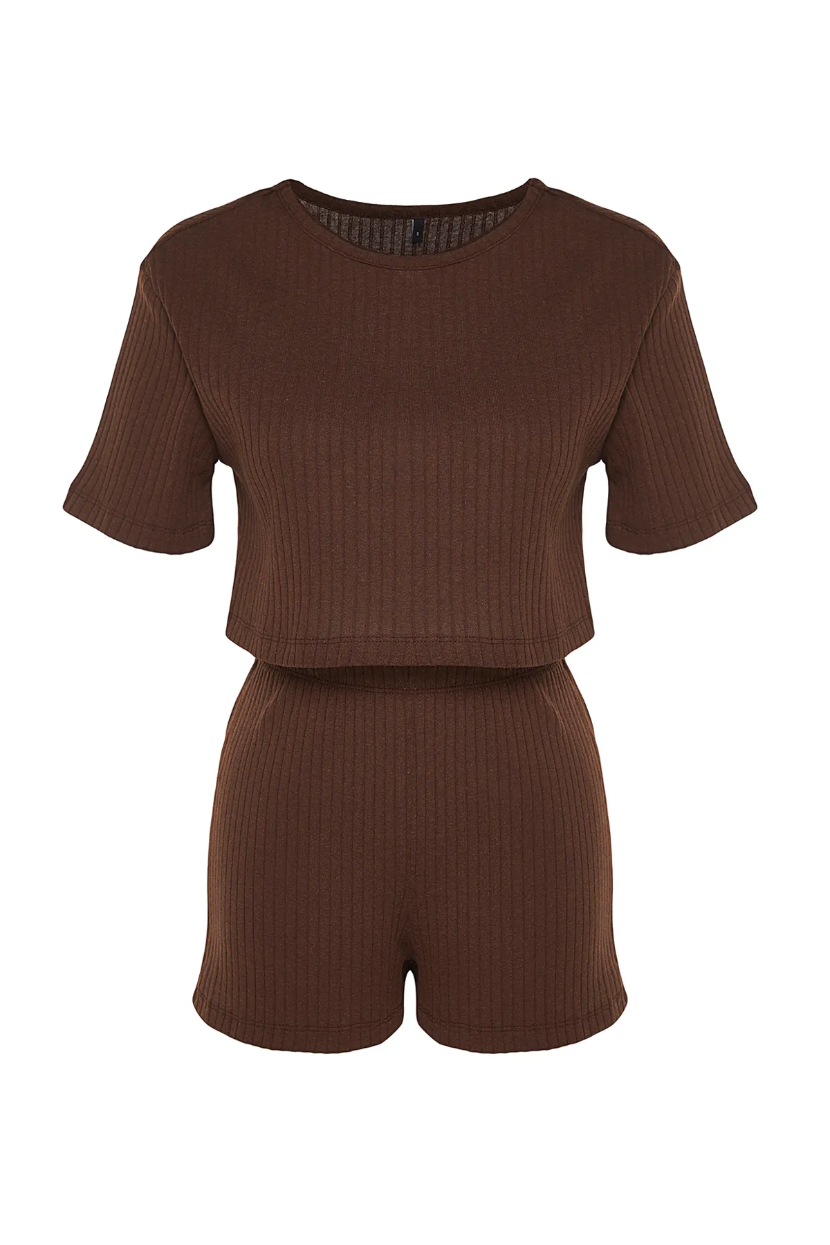 Trendyol Collection  Braunes gestricktes Pyjama-Set mit T-Shirt und Shorts aus schnurgebundener Baumwolle THMSS21PT1101