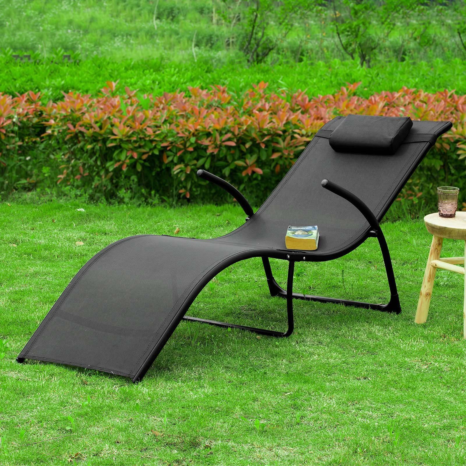 SoBuy Gartenliege OGS45 Sonnenliege klappbar Relaxstuhl Liegestuhl mit Kopfkissen Klappliege Schwarz Belastbarkeit 150 kg