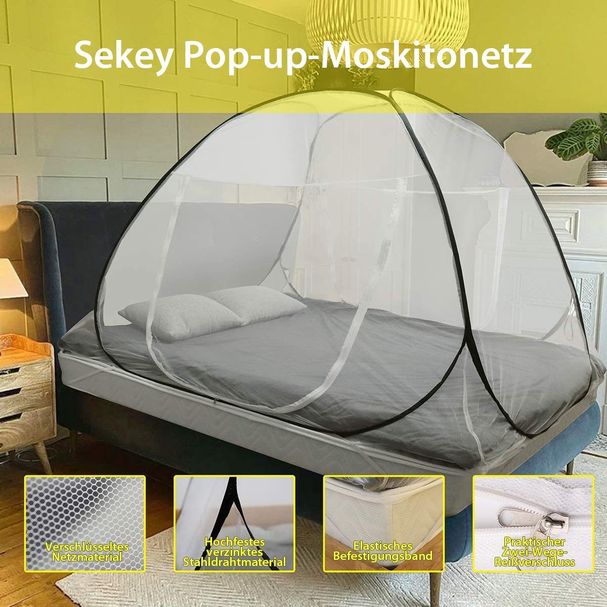 Sekey Moskitonetz Pop-up Insektenschutz Faltbare für Doppelbett Bett Baldachin, 200 x 180 x 145cm