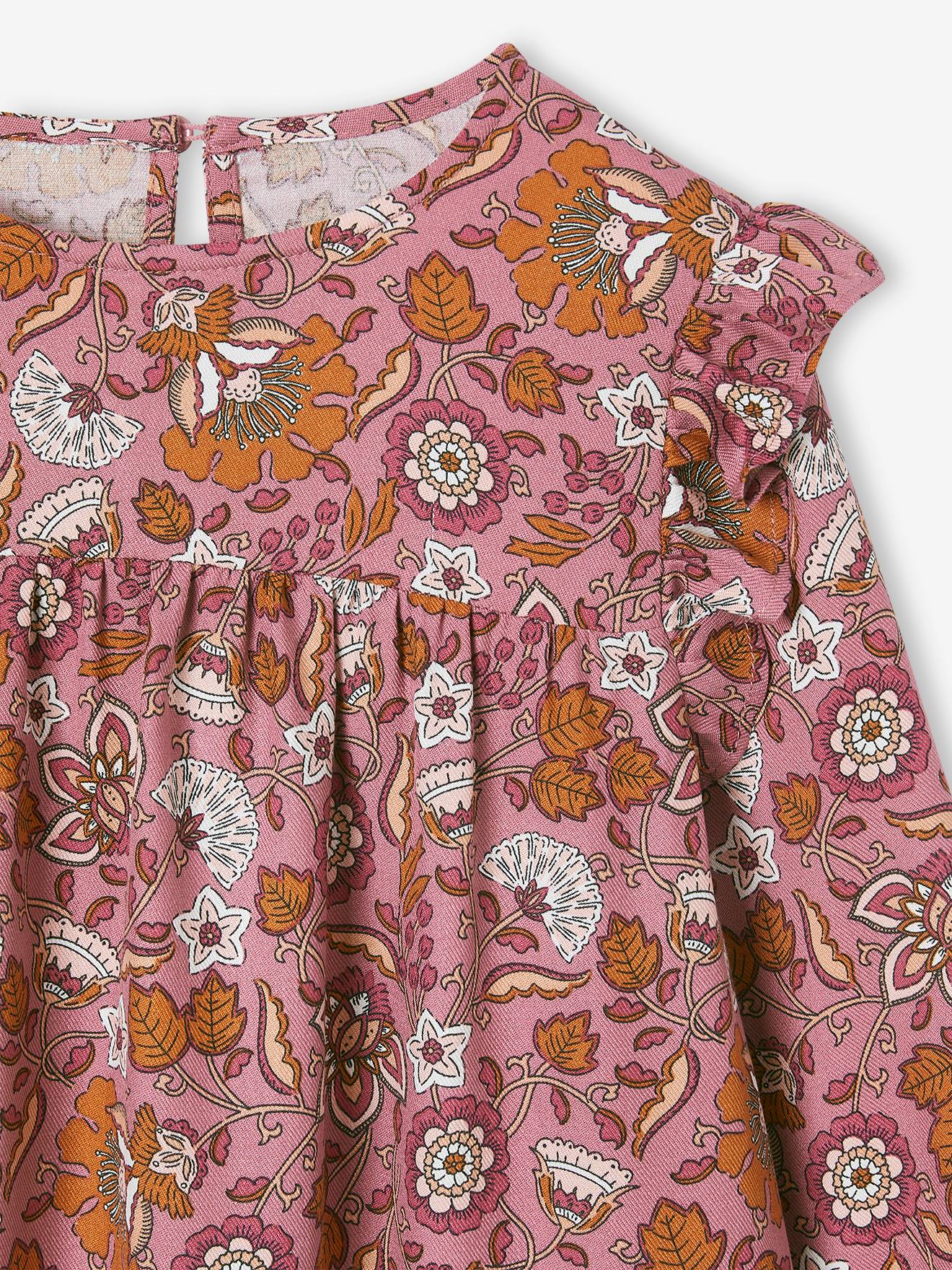 Robe imprimée fleurs manches volantées fille bleu nuit