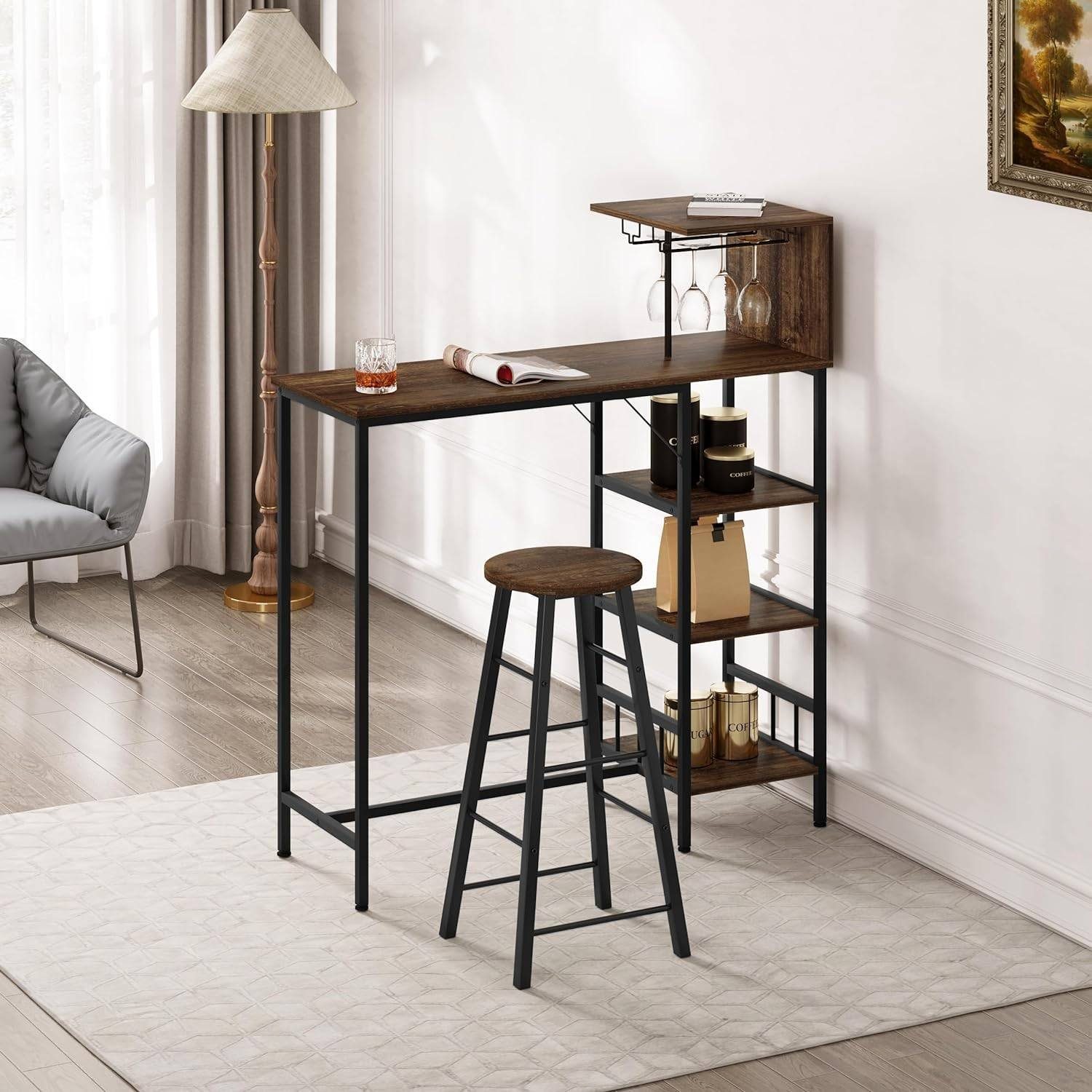 Woltu Bartisch (1 Tisch mit 2 Hocker), mit 3 Ablagen Weinregal Glashalter