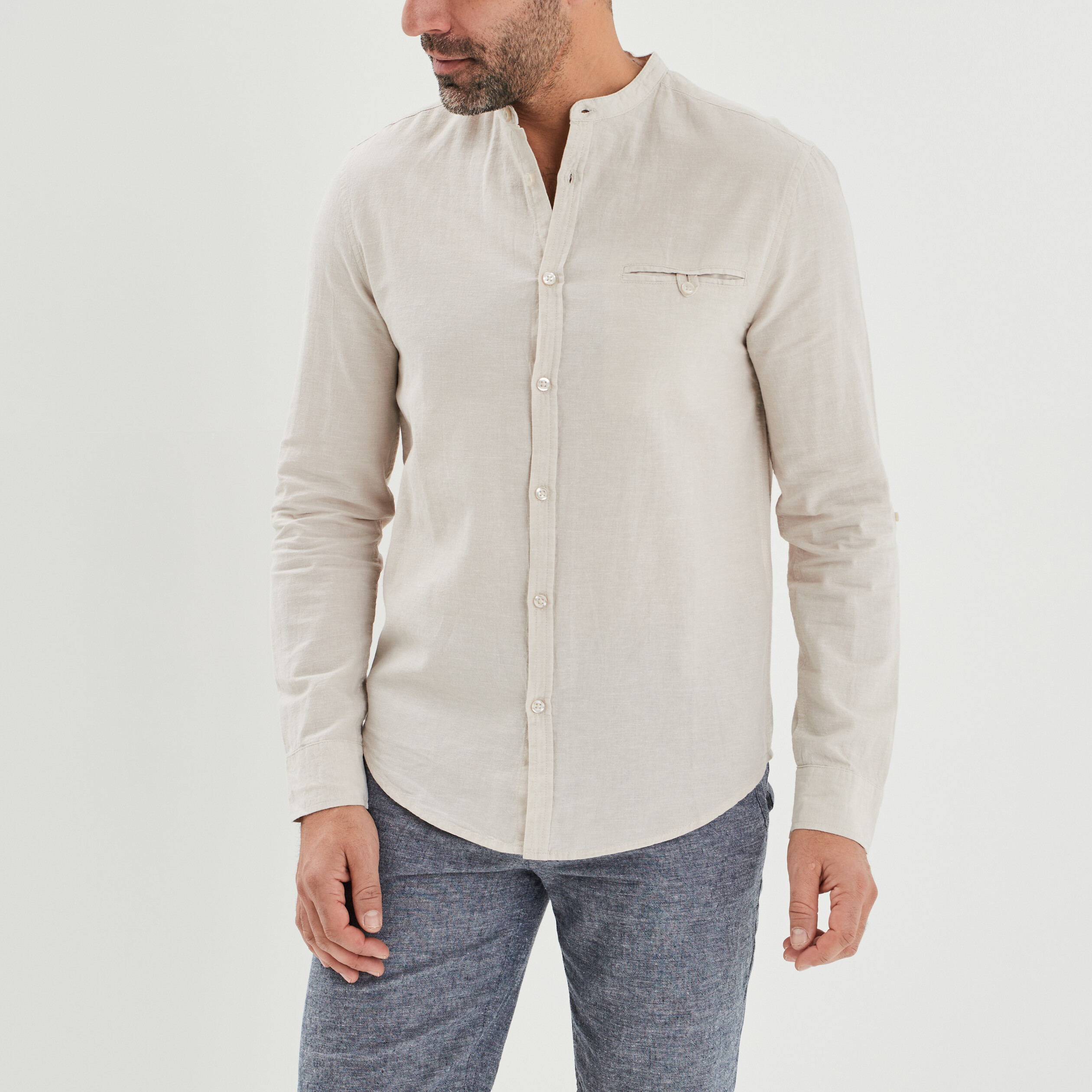 Chemise col mao lin majoritaire gris clair homme | La Halle