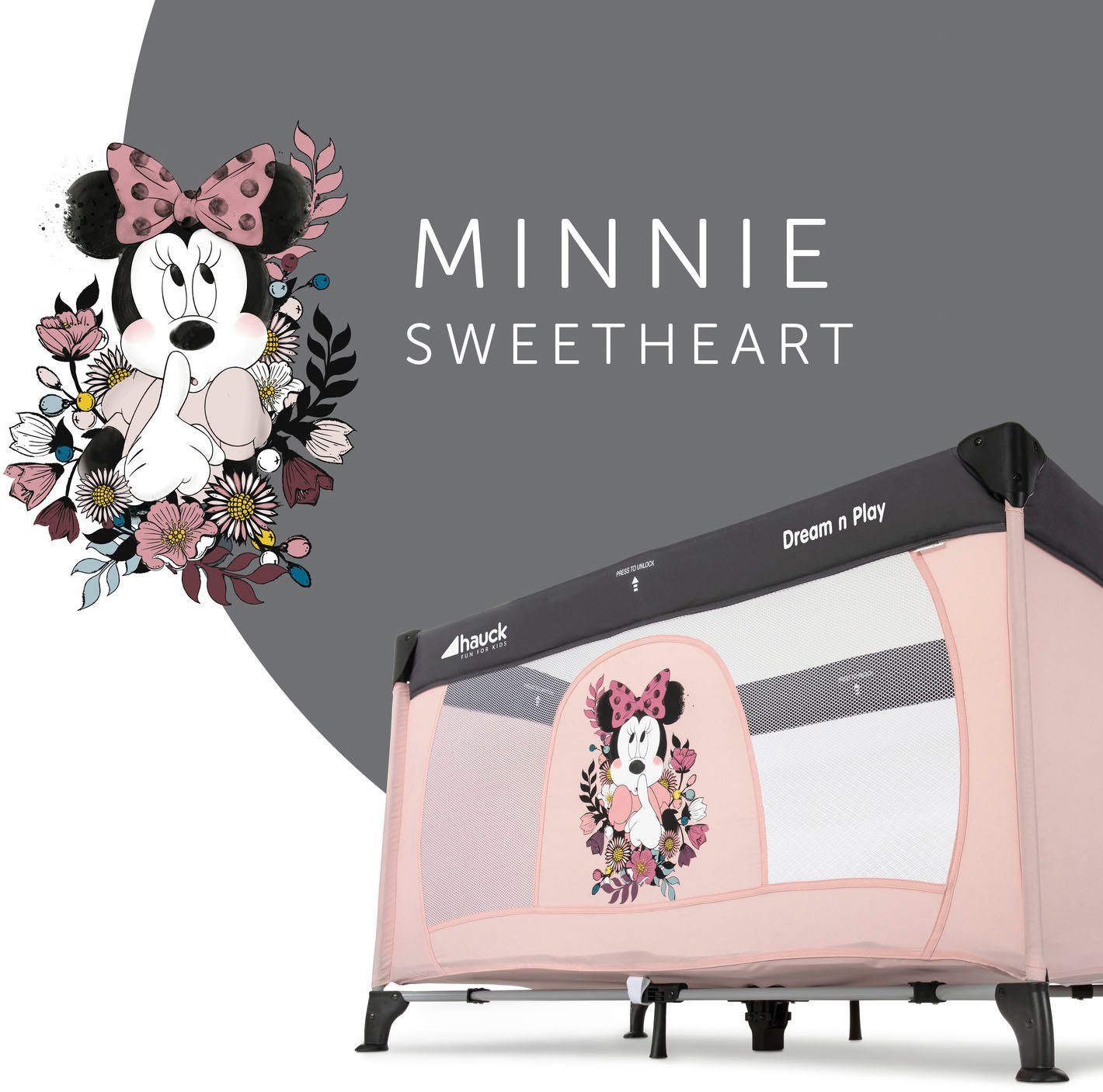 Hauck Baby-Reisebett Dream N Play - Minnie Sweetheart, inkl. Transporttasche