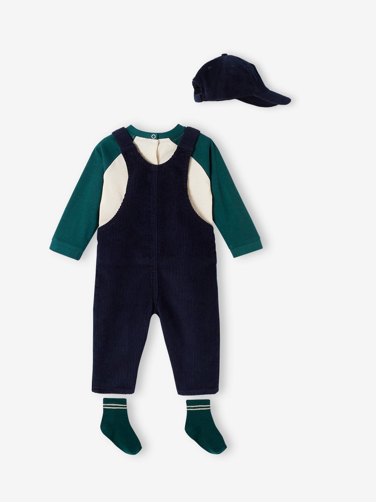 Vertbaudet Baby-Set: Shirt, Latzhose, Cap & Socken - nachtblau