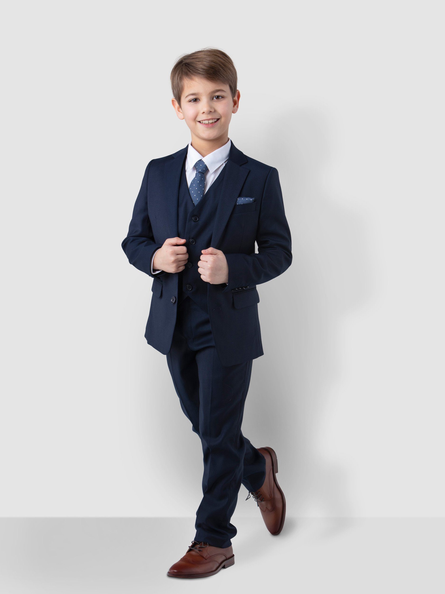 Melli-Trends Kinderanzug Luxuriöser Jungen Anzug, Kommunionanzug, 6-teilig, in Dunkelblau (Sakko, Weste, Hemd, Hose, Krawatte und Einstecktuch) festlich, elegant