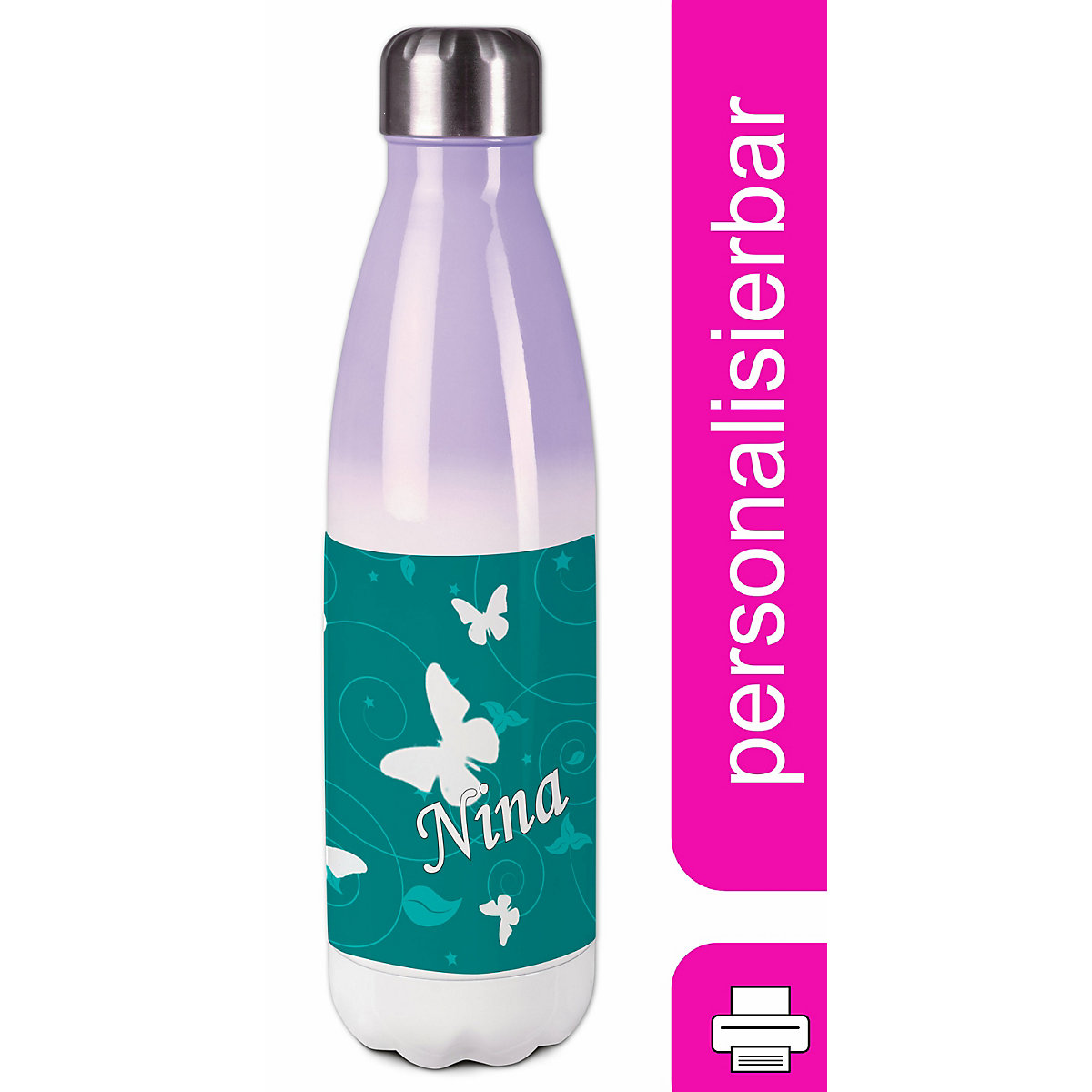 Edelstahl Kinder Thermoflasche / Trinkflasche bunt Schmetterling Ornamente Farbe petrol Spülmaschinenfest, Auslaufsicher, Bruchfest, Doppelwandig, Für Heißgetränke geeignet, Mit Deckel, Isoliert