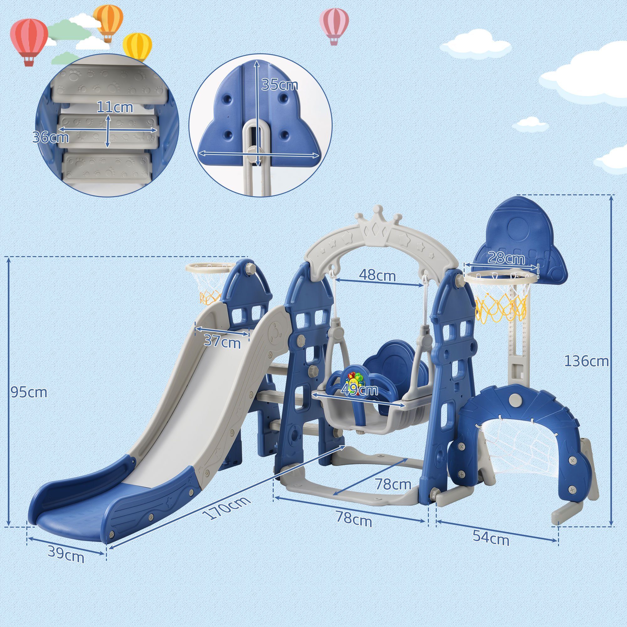 WISHDOR Indoor-Rutsche 5 in 1 Rutsche Kinderrutsche Fun-Slide Schaukel Kleinkinderrutsche, (Schaukel Rutsche Gartenrutsche, multifunktional mit Basketballkorb Fußballtor Kletterturm), mit Rutschbahn für 2-8 Jahre Kinder Indoor & Outdoor