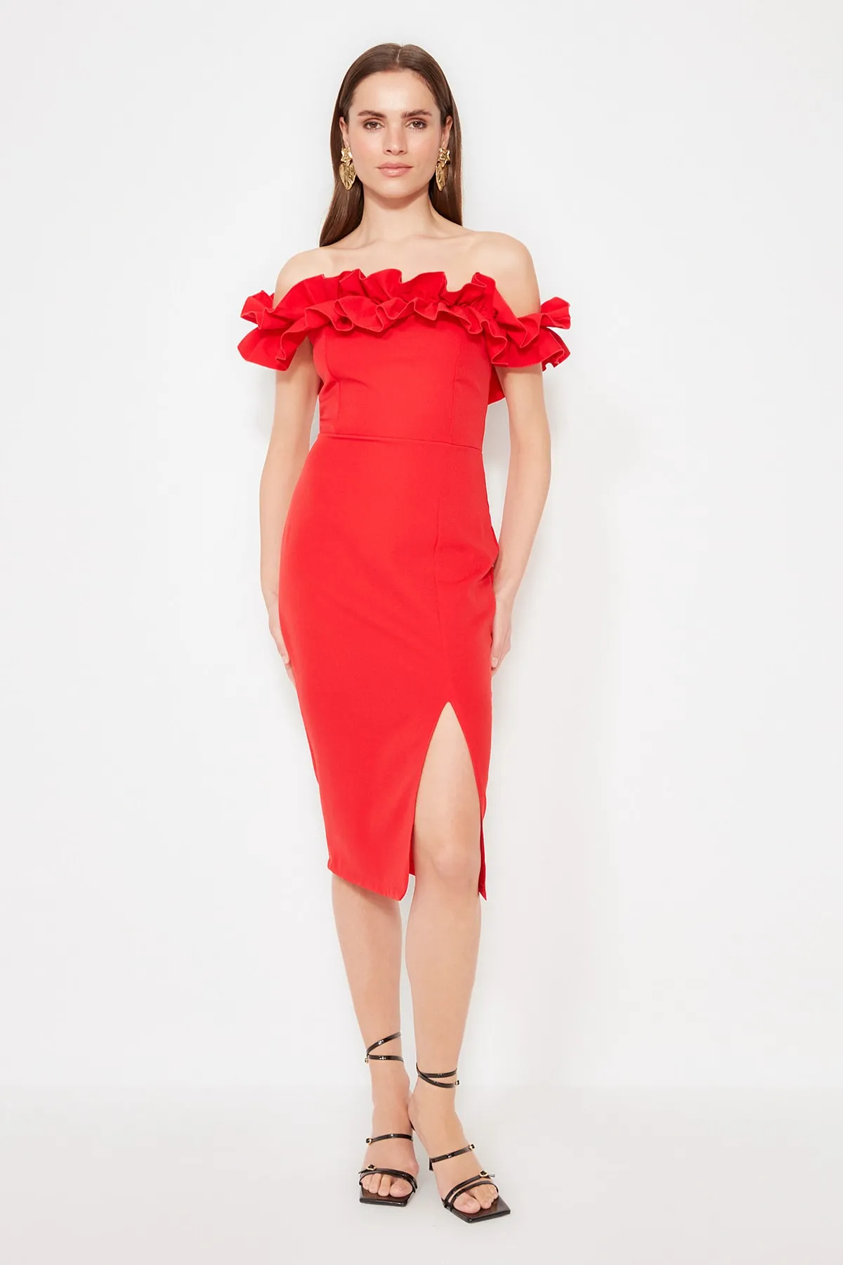 Trendyol Collection  Rotes, tailliertes, gewebtes, elegantes Abendkleid TPRSS21EL1515
