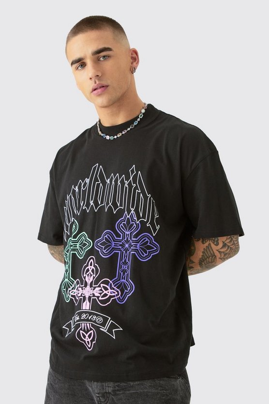 Oversize T-Shirt mit Gothic Kreuz Print