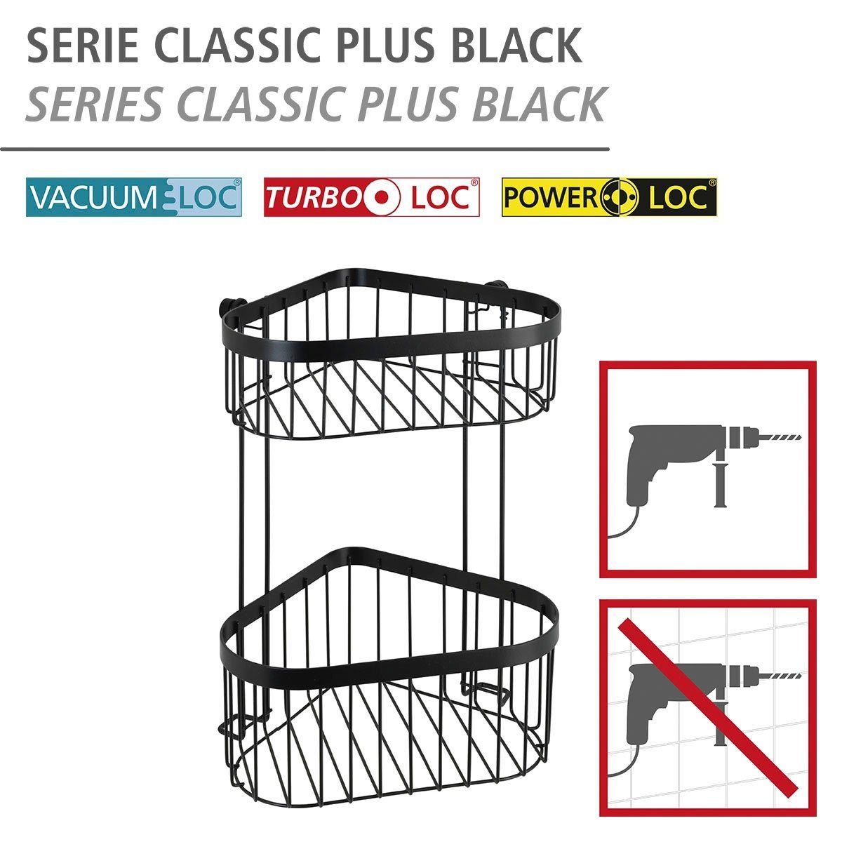 WENKO Eckregal Classic Plus Black, 1 Ablage, 1 Korb