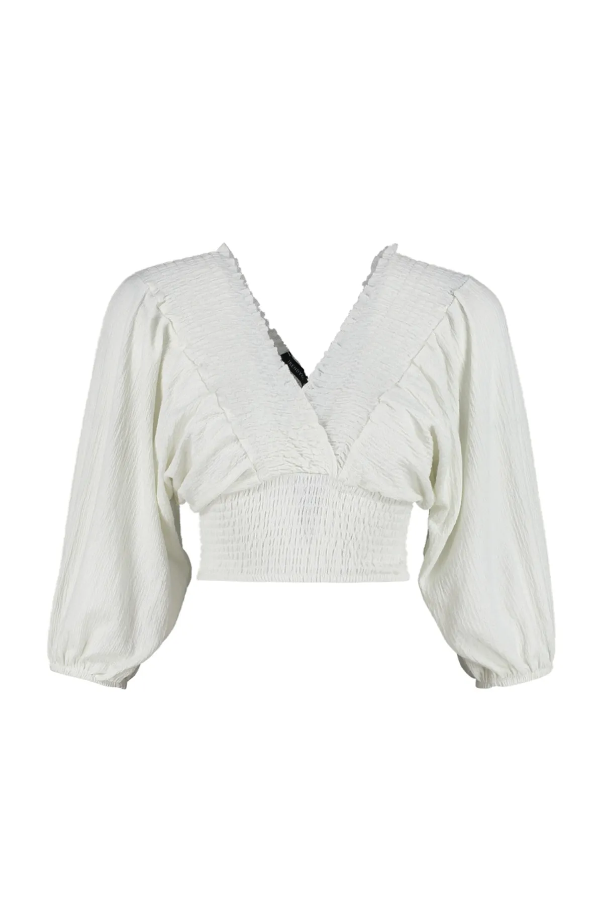 Trendyol Collection  Ecrufarbene, gerippte Ballonärmel, V-Ausschnitt, Wickel-/strukturierte kurze Strickbluse TWOSS23BZ00840