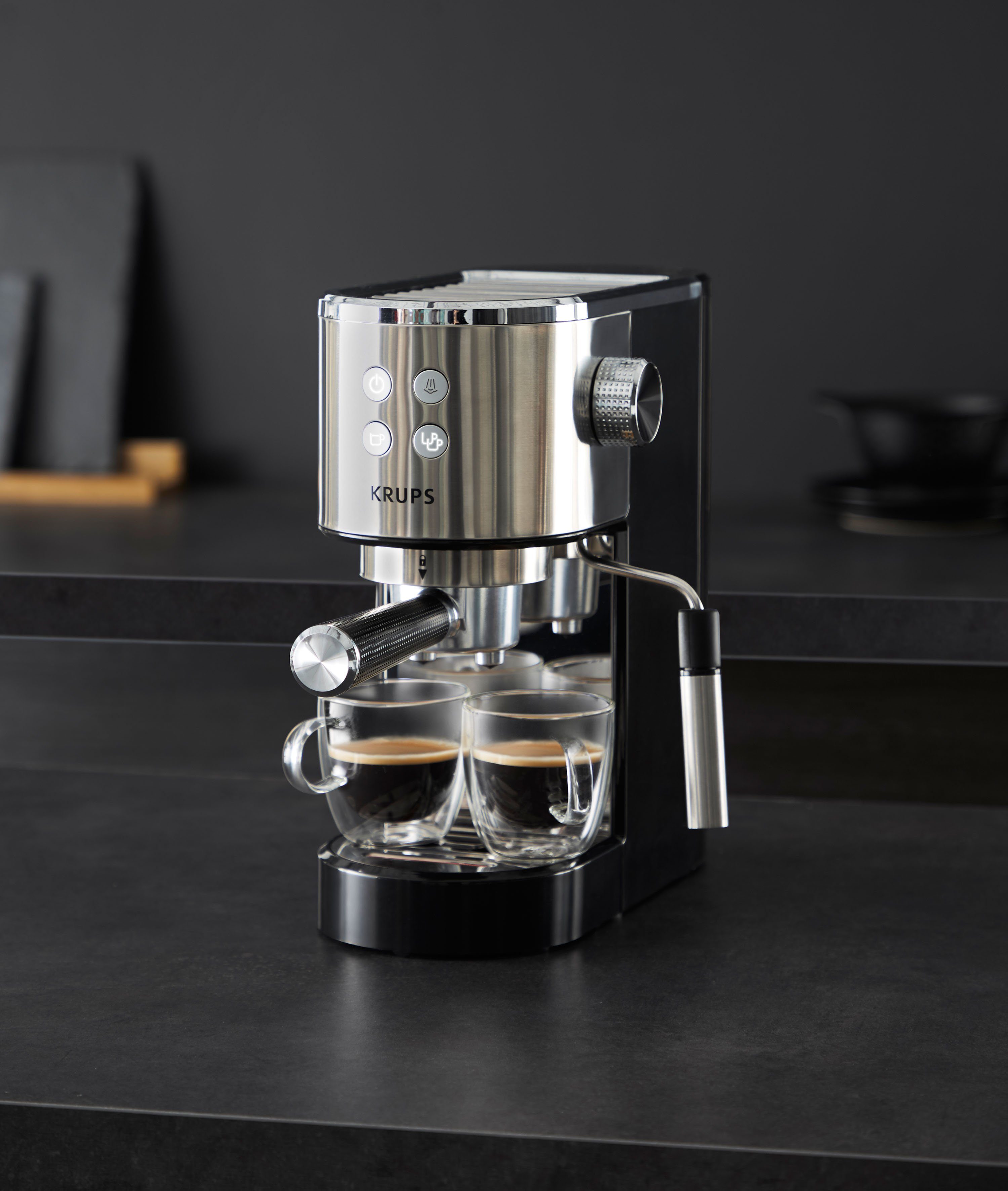 Krups Siebträgermaschine XP442C Virtuoso, integrierter Tassenwärmer, automatische Abschaltung, 2-Tassen Funktion