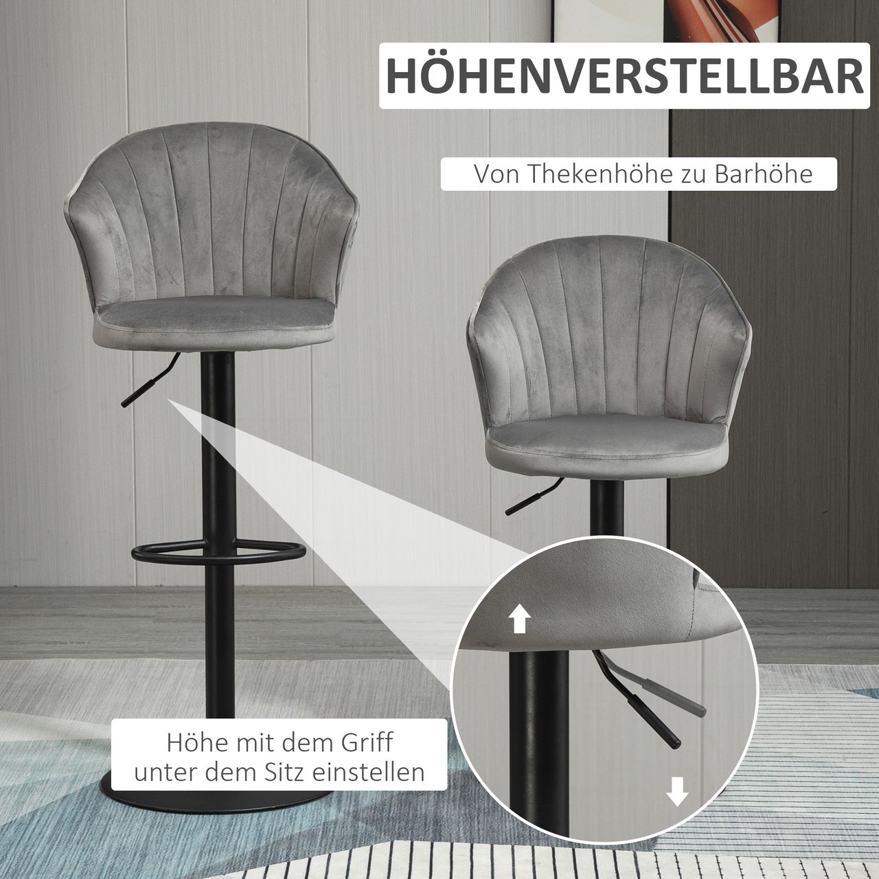 HOMCOM 2er-Set Barhocker Barstühle mit Lehne drehbar höhenverstellbar Grau