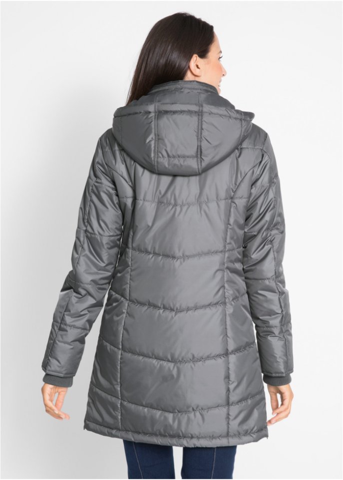 Long-Steppjacke, wattiert mit Kragen und Kapuze