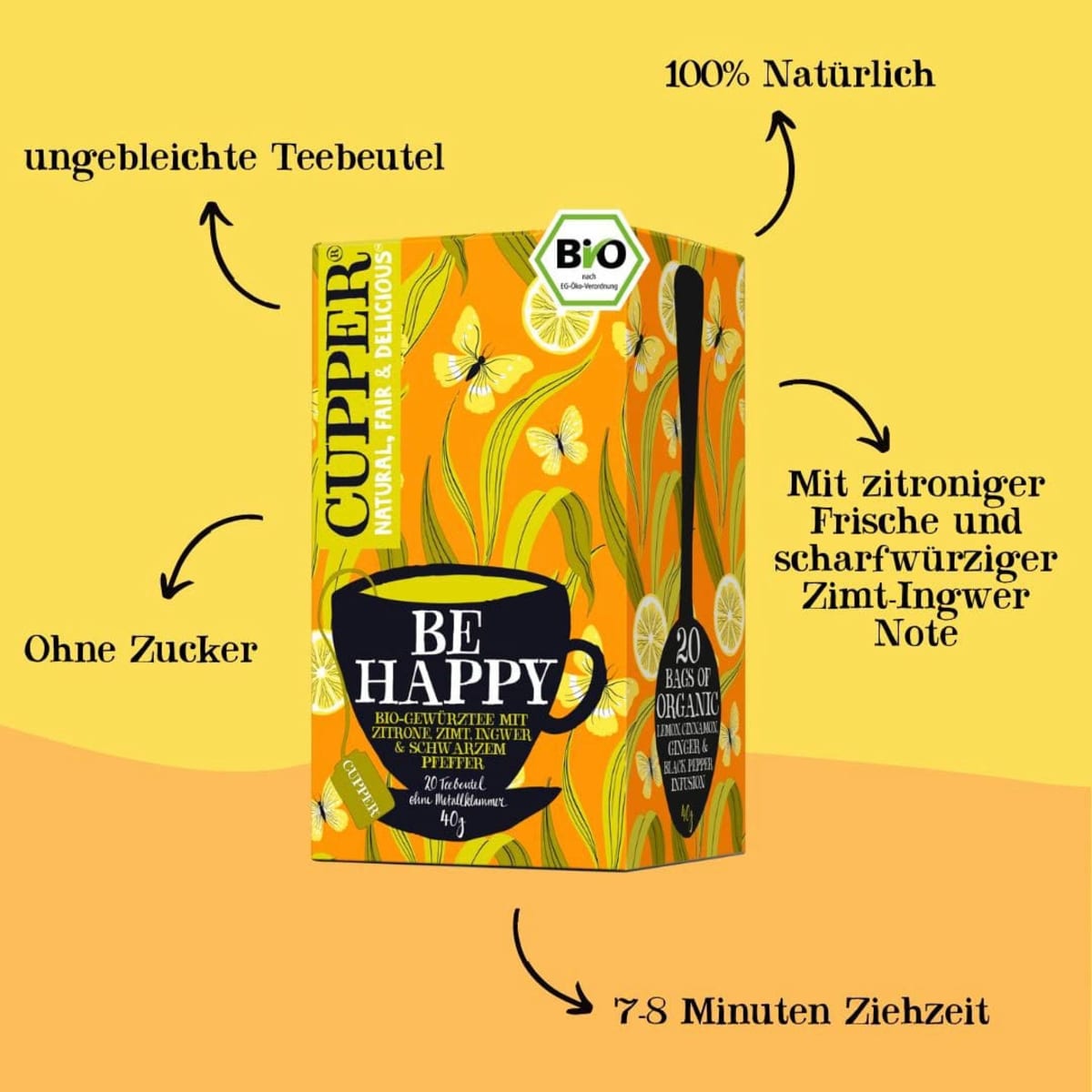 Gewürztee \Be Happy\ mit Zitrone, Zimt, Ingwer, schwarzer Pfeffer (20 Beutel), 40 g