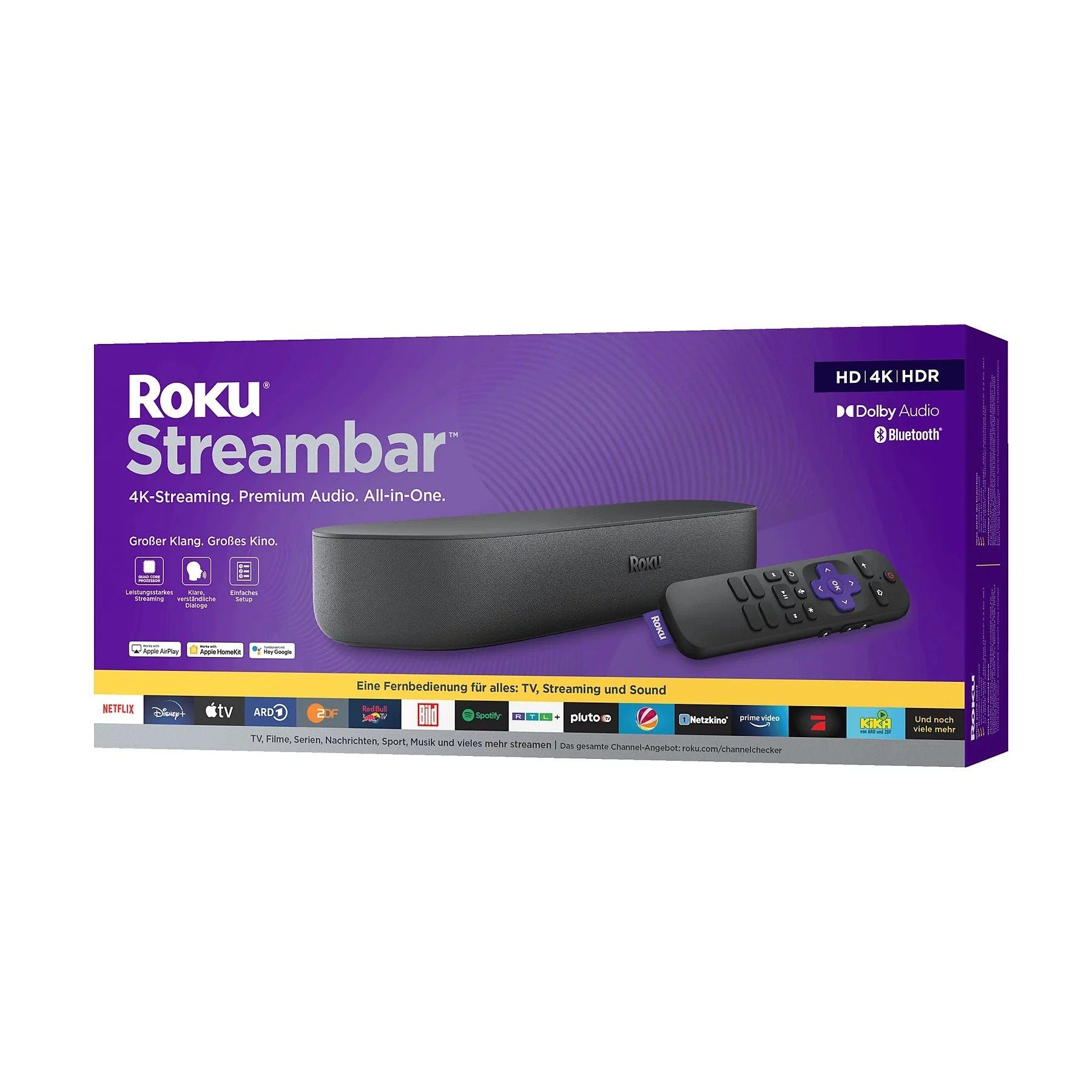ROKU 4K HDR Streaming Media Player Soundbar (WLAN (WiFi), Bluetooth, Alexa, Siri, Google Home, Spotify, Netflix, Ultra HD, Apple AirPlay)
