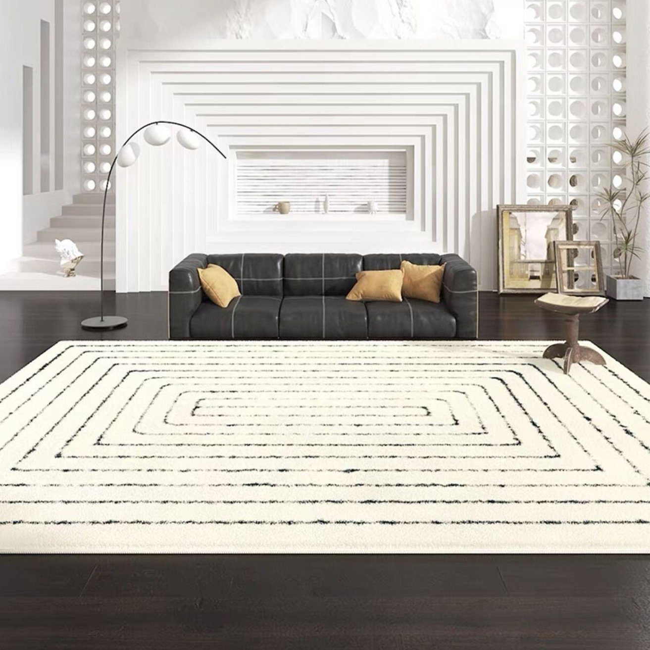 Fellteppich Teppich, weiße schwarze Linien, rechteckiges Muster, HOHEA H, 80*120cm, Teppiche, Bodenmatte, dünner Innenteppich, flauschiger Teppich