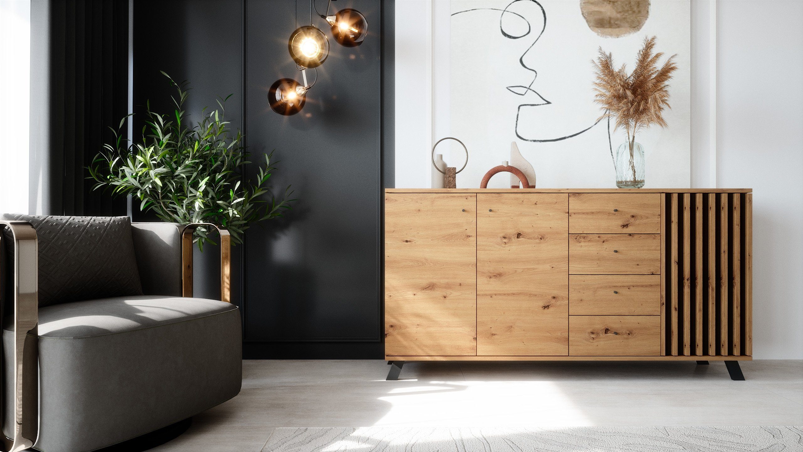 Newroom Sideboard Barea, Wildeiche Sideboard Modern Wandpaneel Vintage Highboard Anrichte