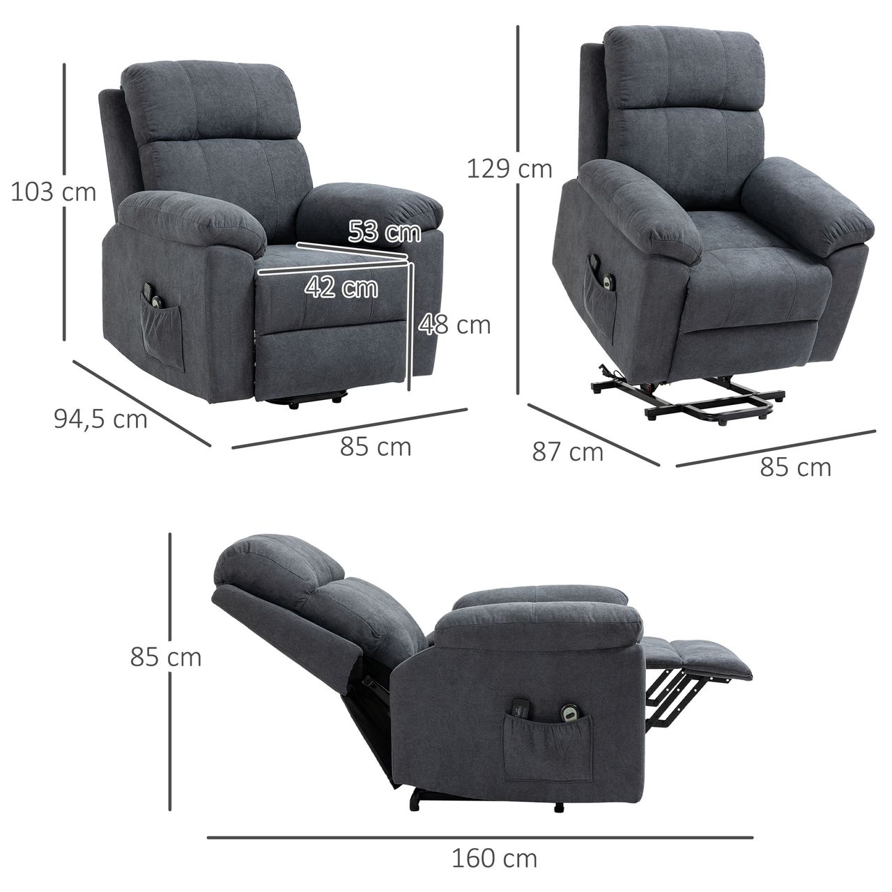 HOMCOM Sessel mit Aufstehhilfe, Relaxsessel, Massagesessel mit Seitentasche