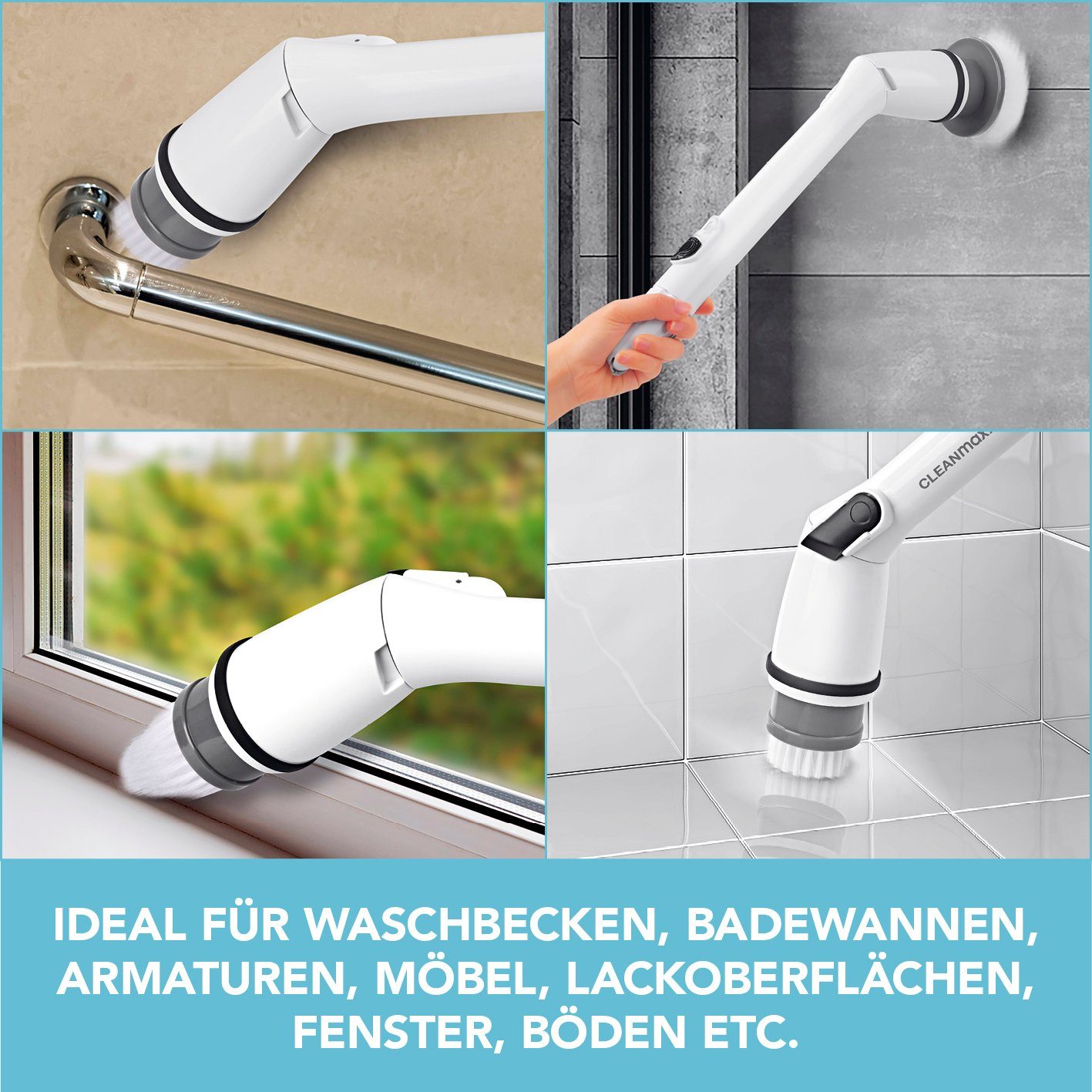 CLEANmaxx Akku-Oberflächenbürste Reinigungsbürsten Set 7 Aufsätzen, 7-tlg., Effektives reinigen In- & Outdoor